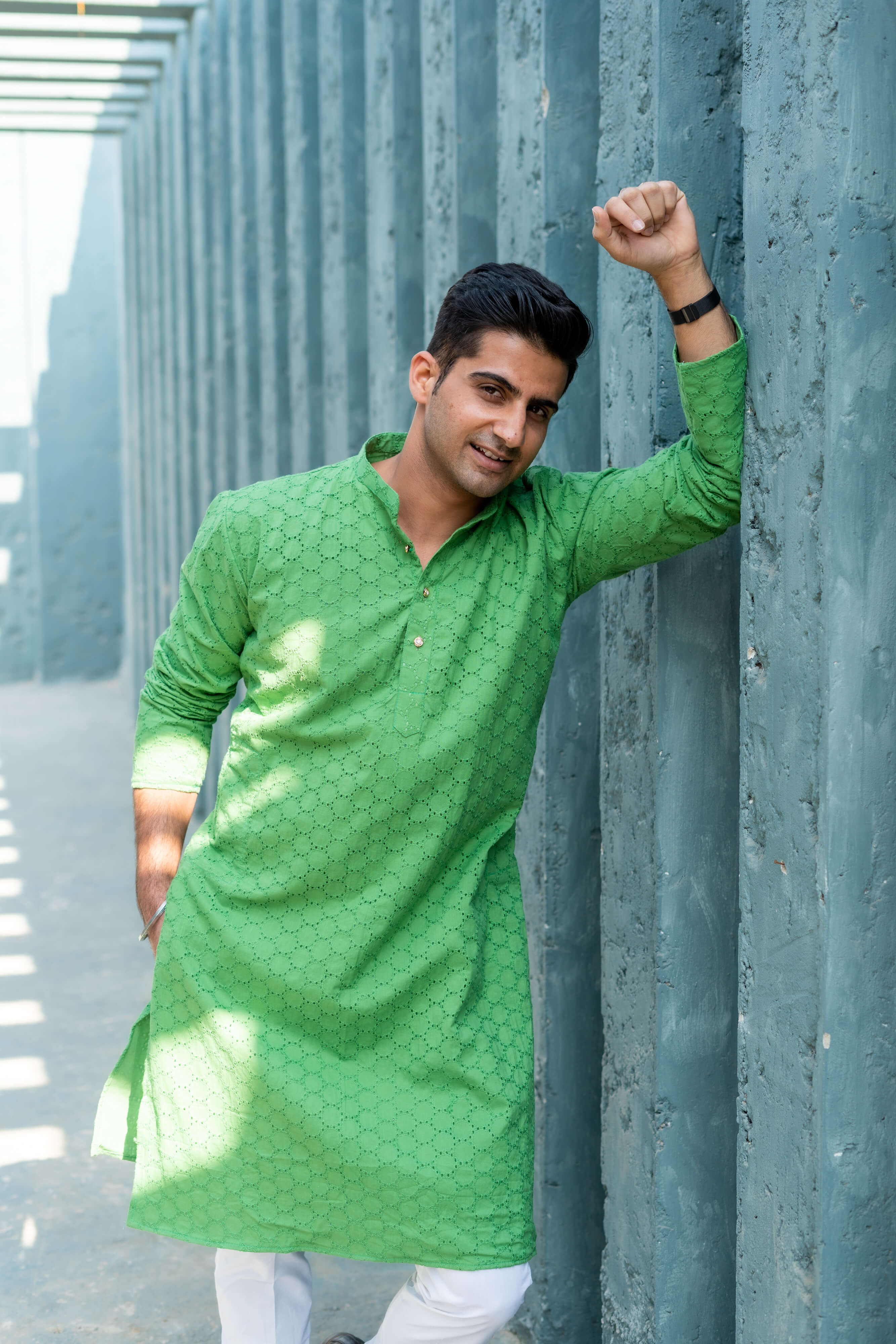 The Solid Green Geometric Chikan Kari Work Long Kurta