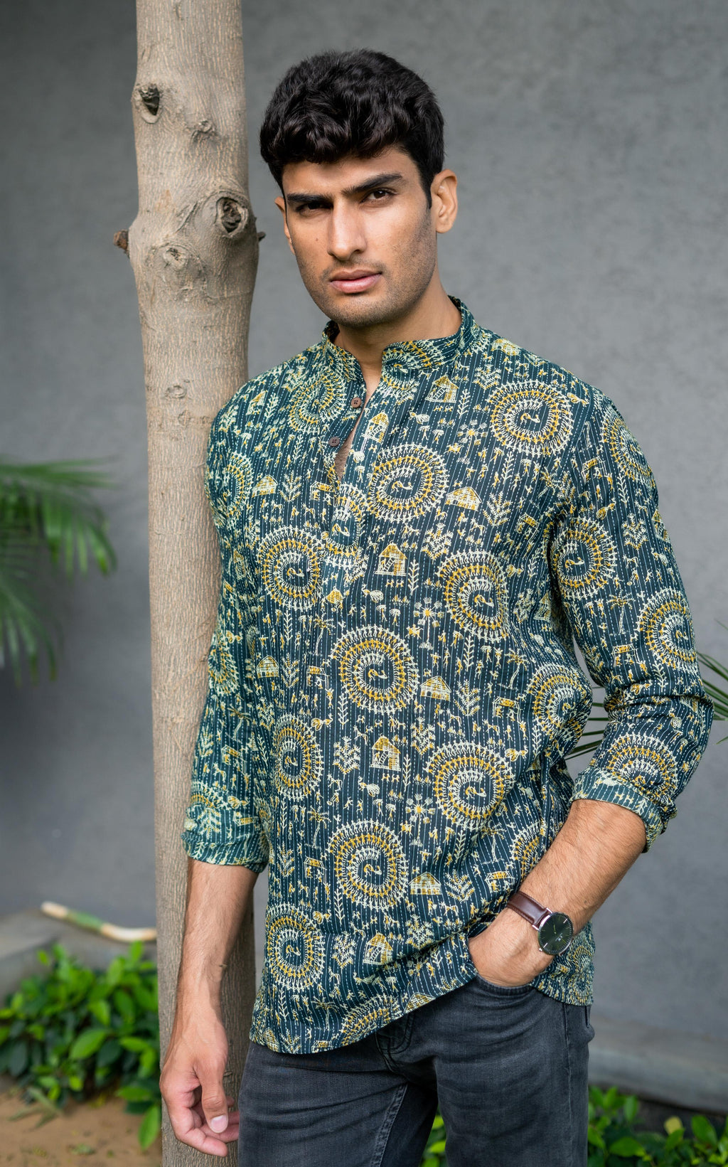 The Dark Green Kantha Work Short Kurta With Tribal Print