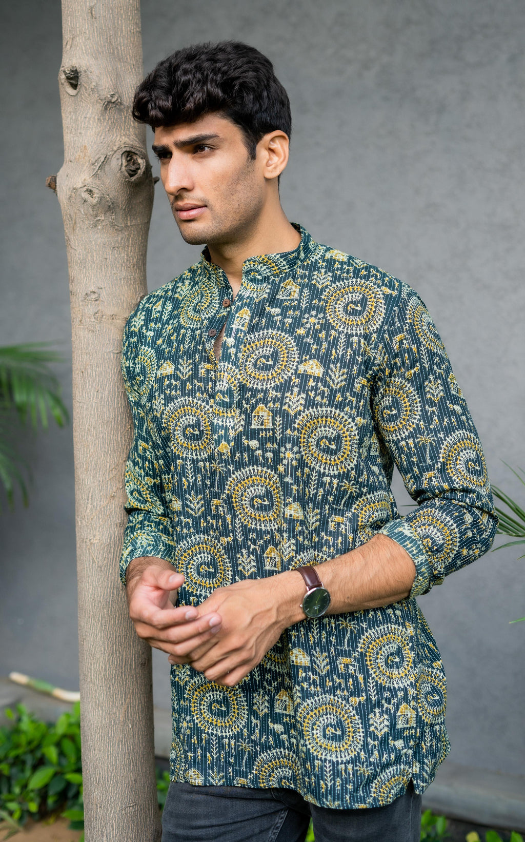 The Dark Green Kantha Work Short Kurta With Tribal Print