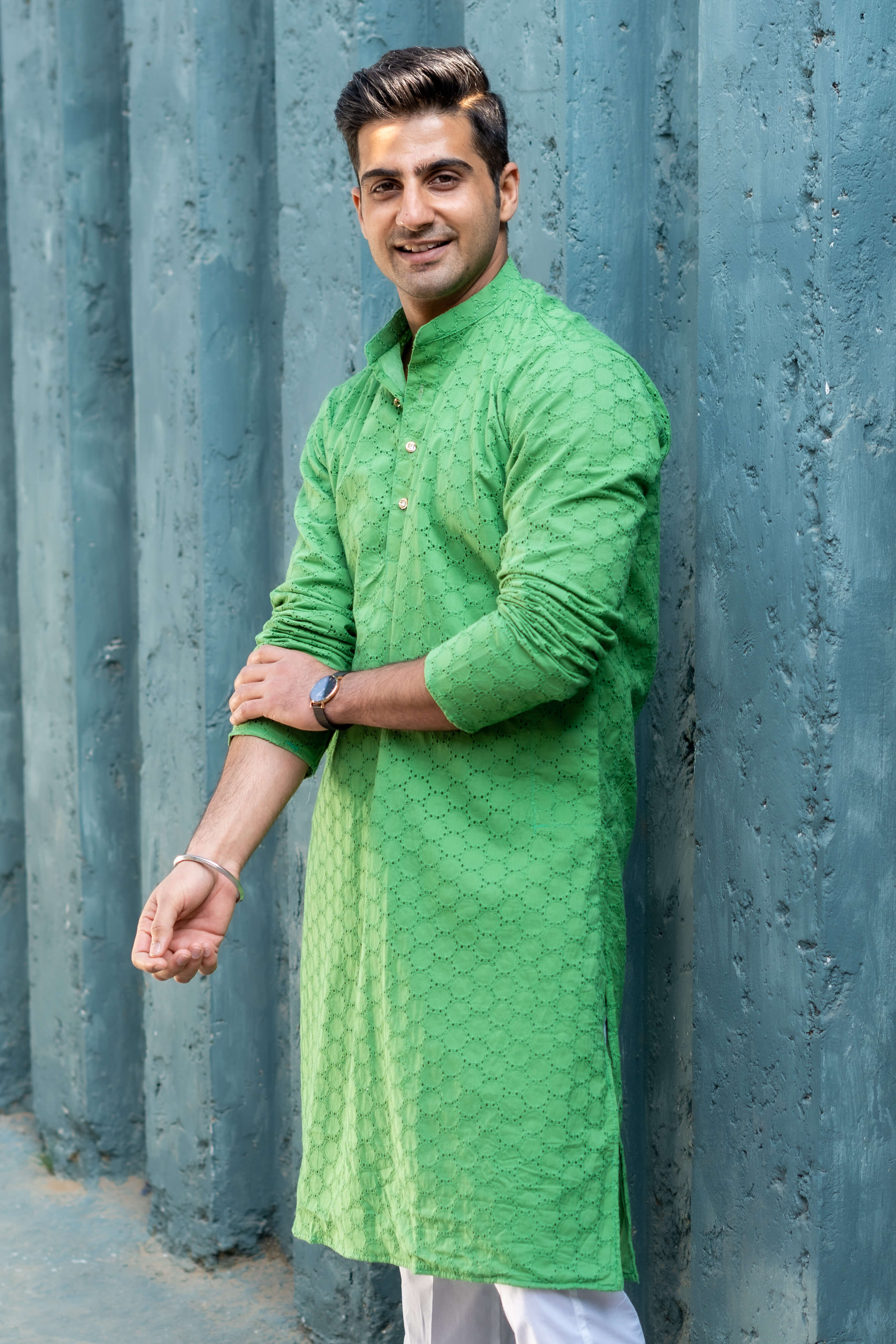 The Solid Green Geometric Chikan Kari Work Long Kurta