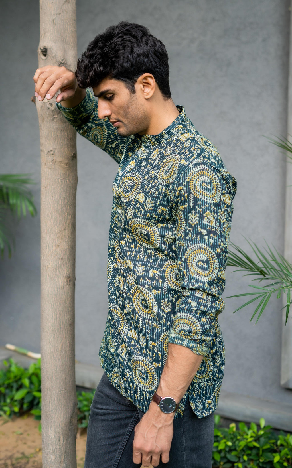 The Dark Green Kantha Work Short Kurta With Tribal Print