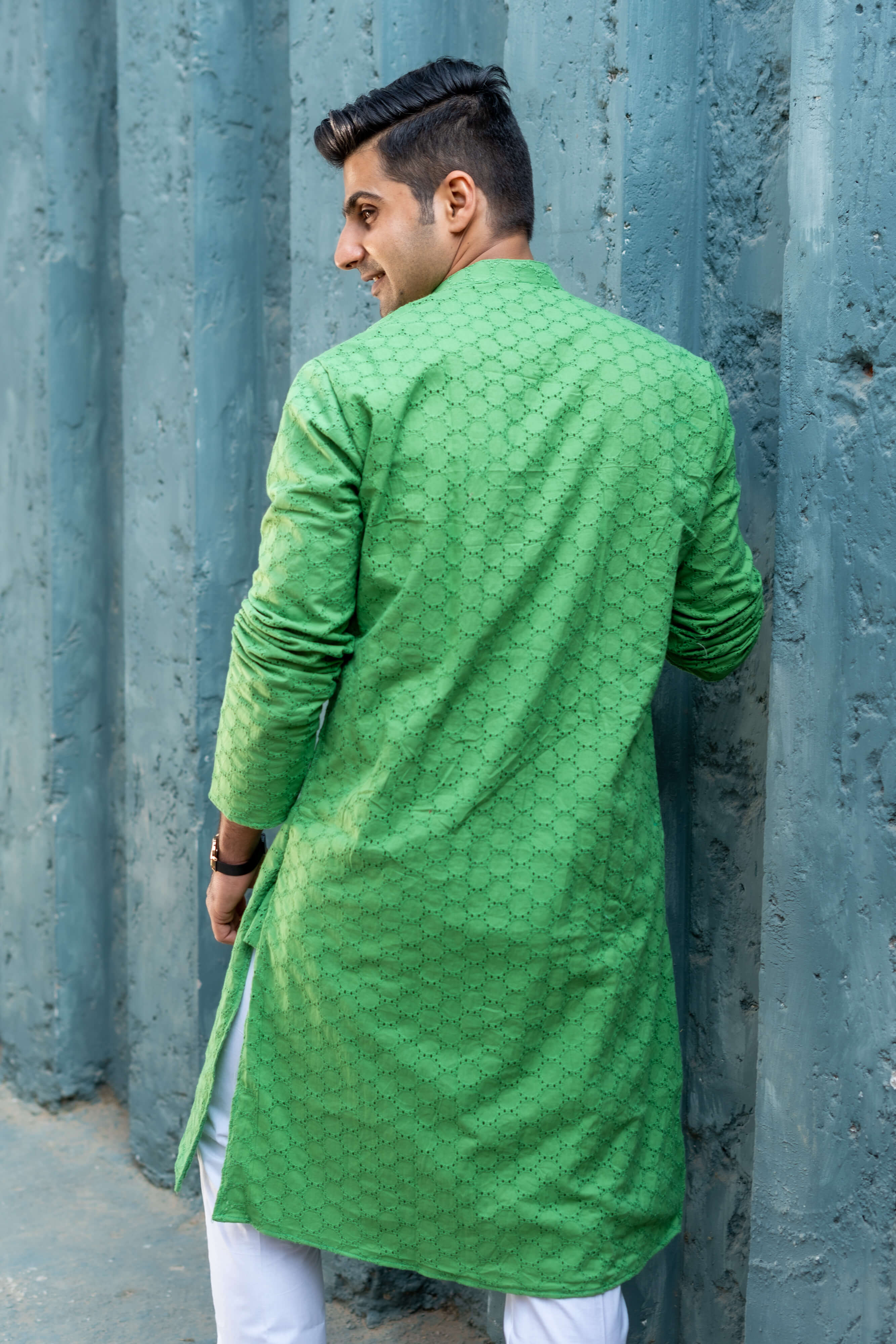The Solid Green Geometric Chikan Kari Work Long Kurta