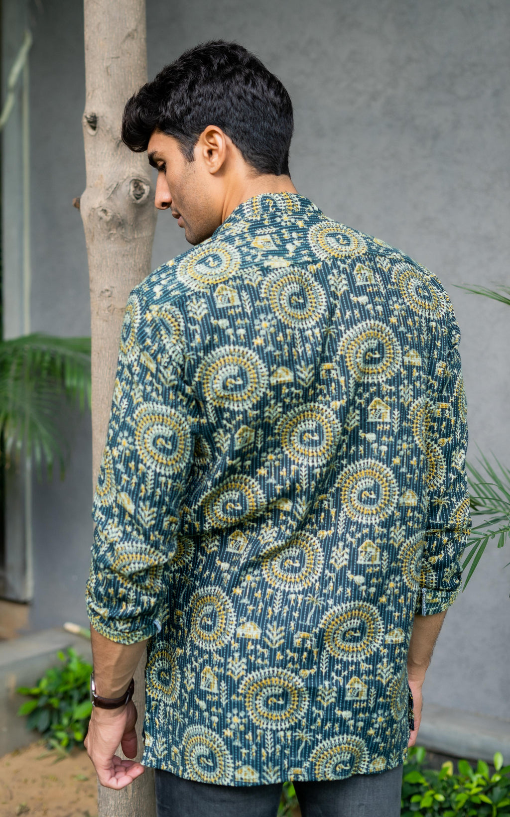 The Dark Green Kantha Work Short Kurta With Tribal Print