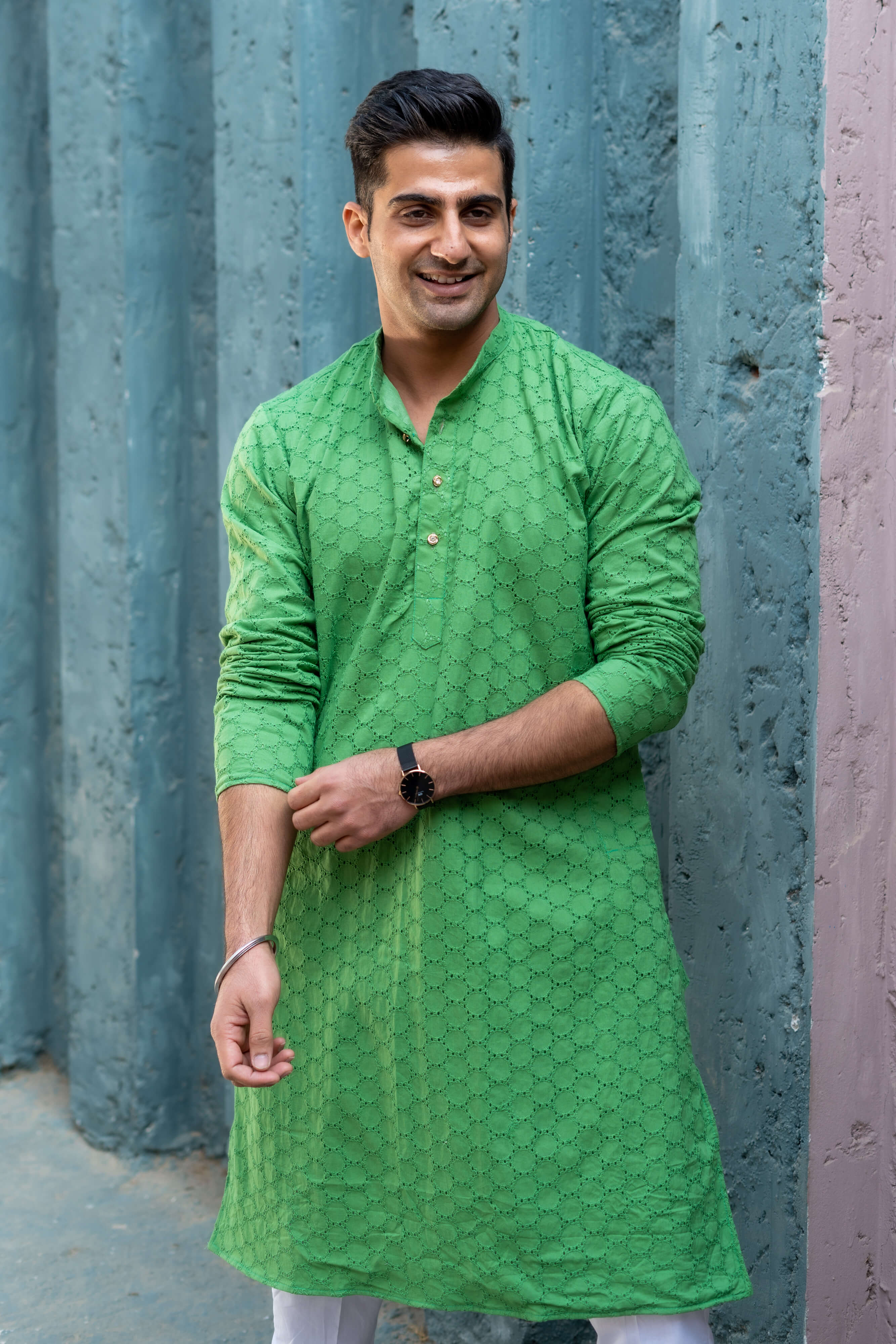 The Solid Green Geometric Chikan Kari Work Long Kurta