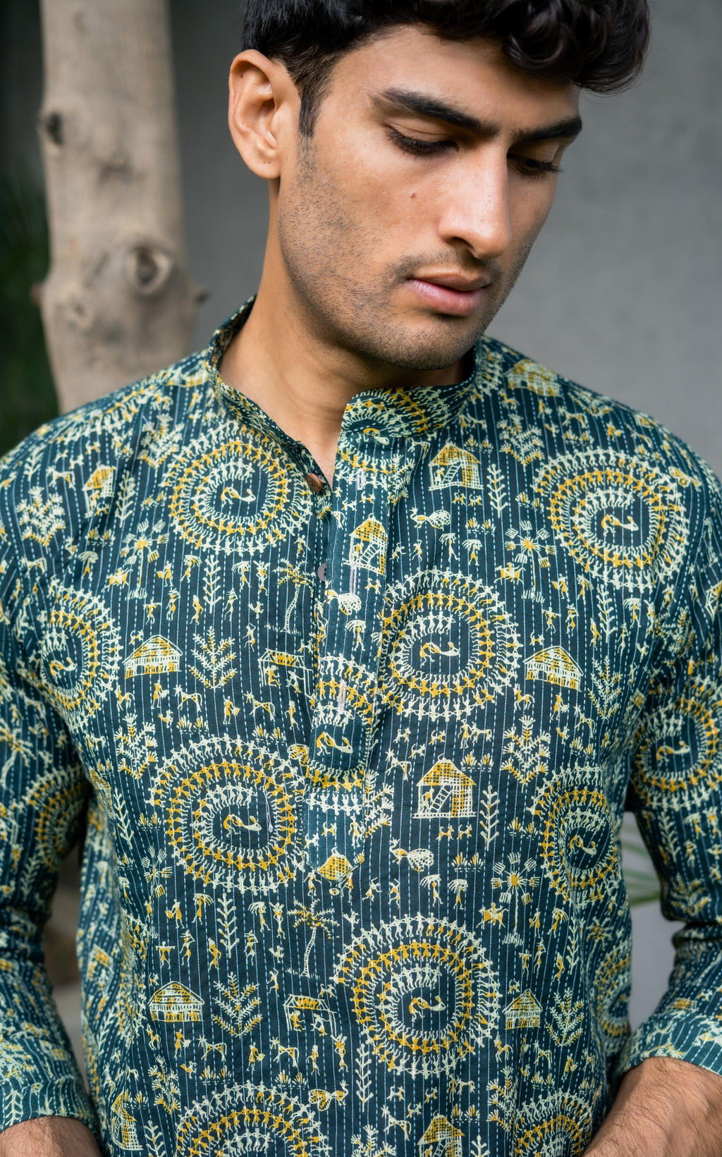 The Dark Green Kantha Work Short Kurta With Tribal Print
