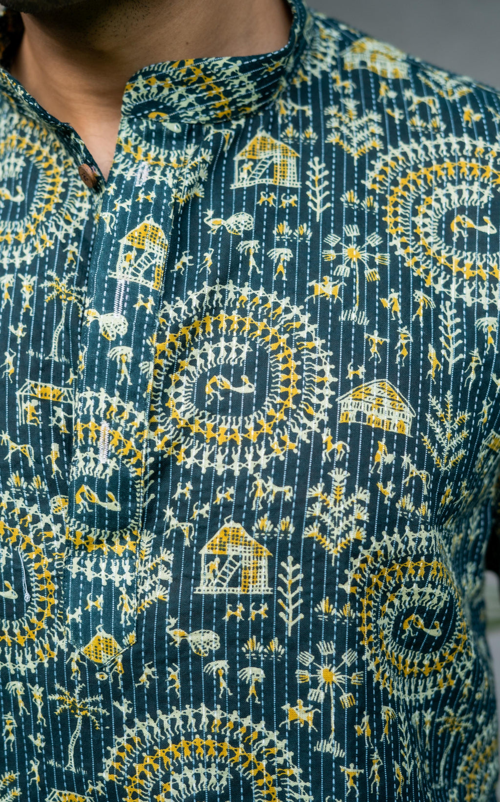 The Dark Green Kantha Work Short Kurta With Tribal Print