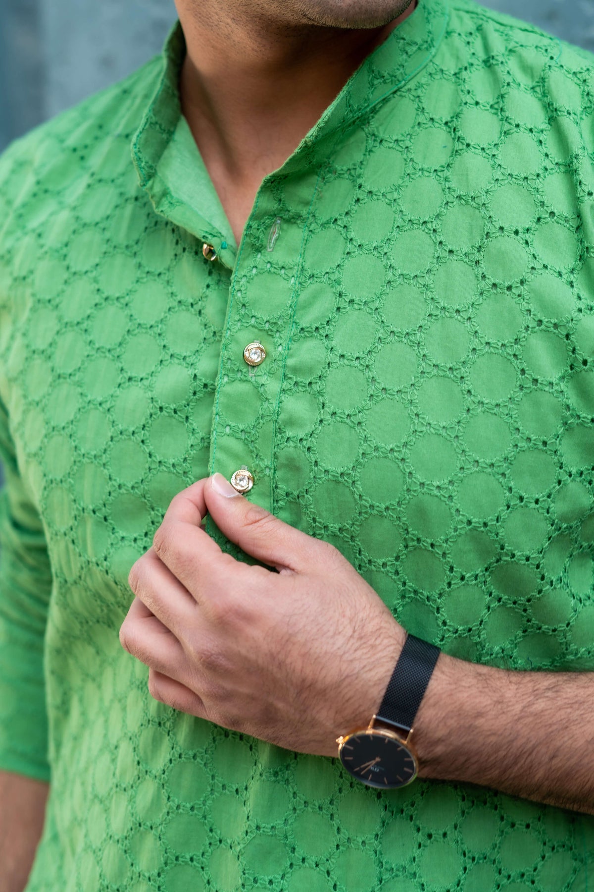 The Solid Green Geometric Chikan Kari Work Long Kurta