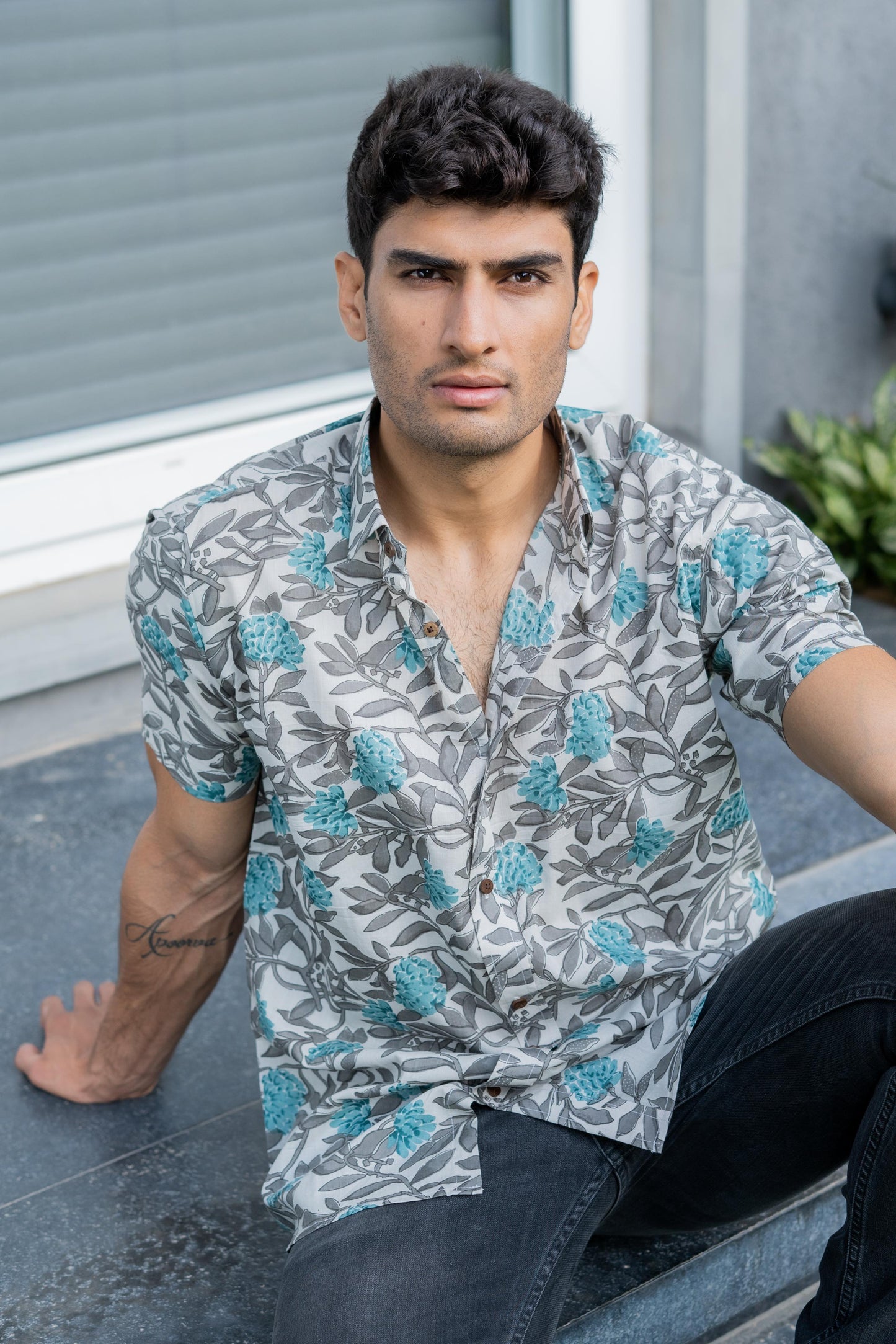 The Off-White Shirt With Grey And Turquoise Floral Print (Half Sleeves)
