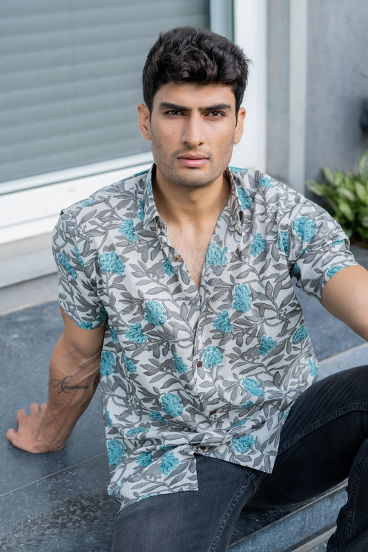 The Off-White Shirt With Grey And Turquoise Floral Print (Half Sleeves)