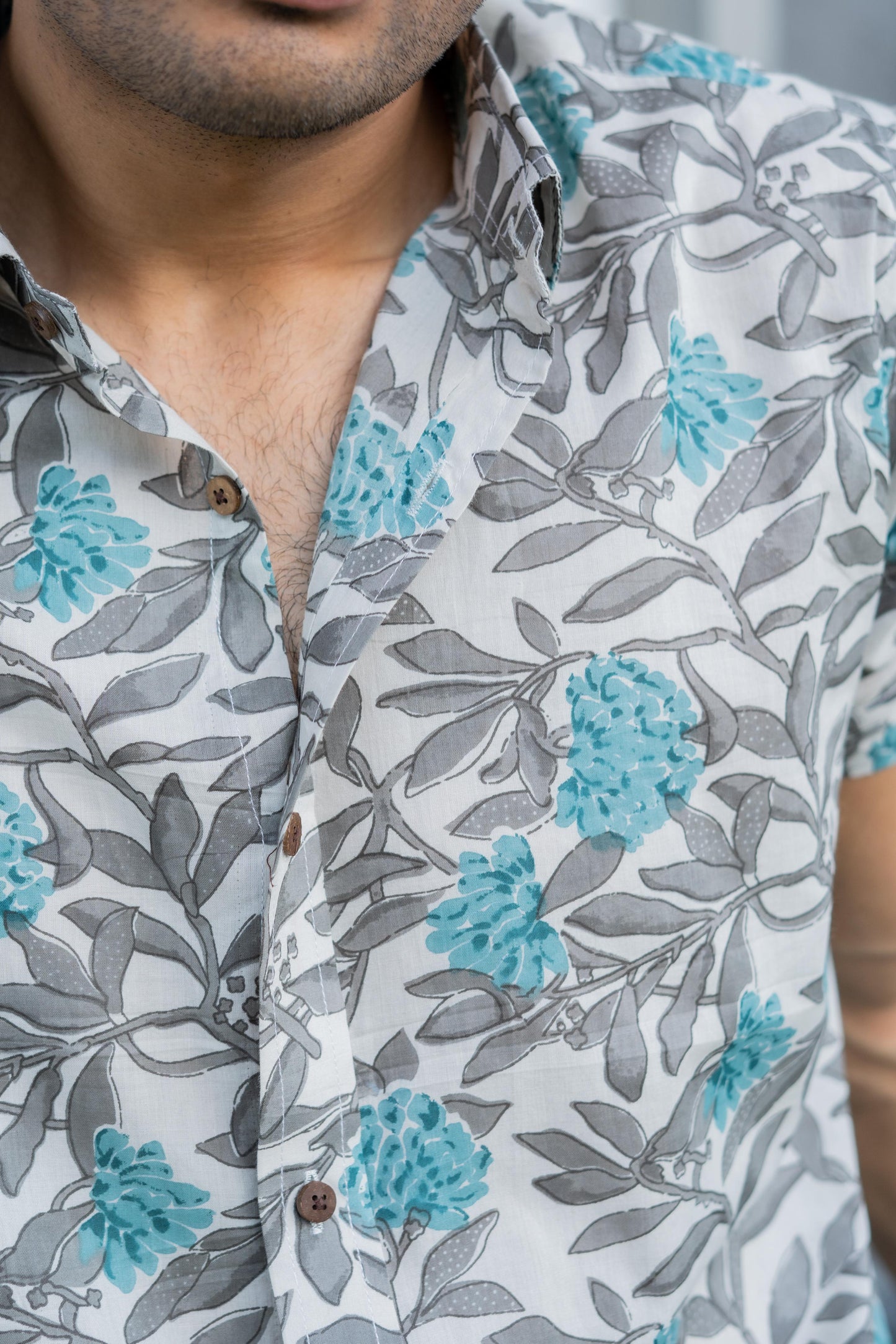 The Off-White Shirt With Grey And Turquoise Floral Print (Half Sleeves)