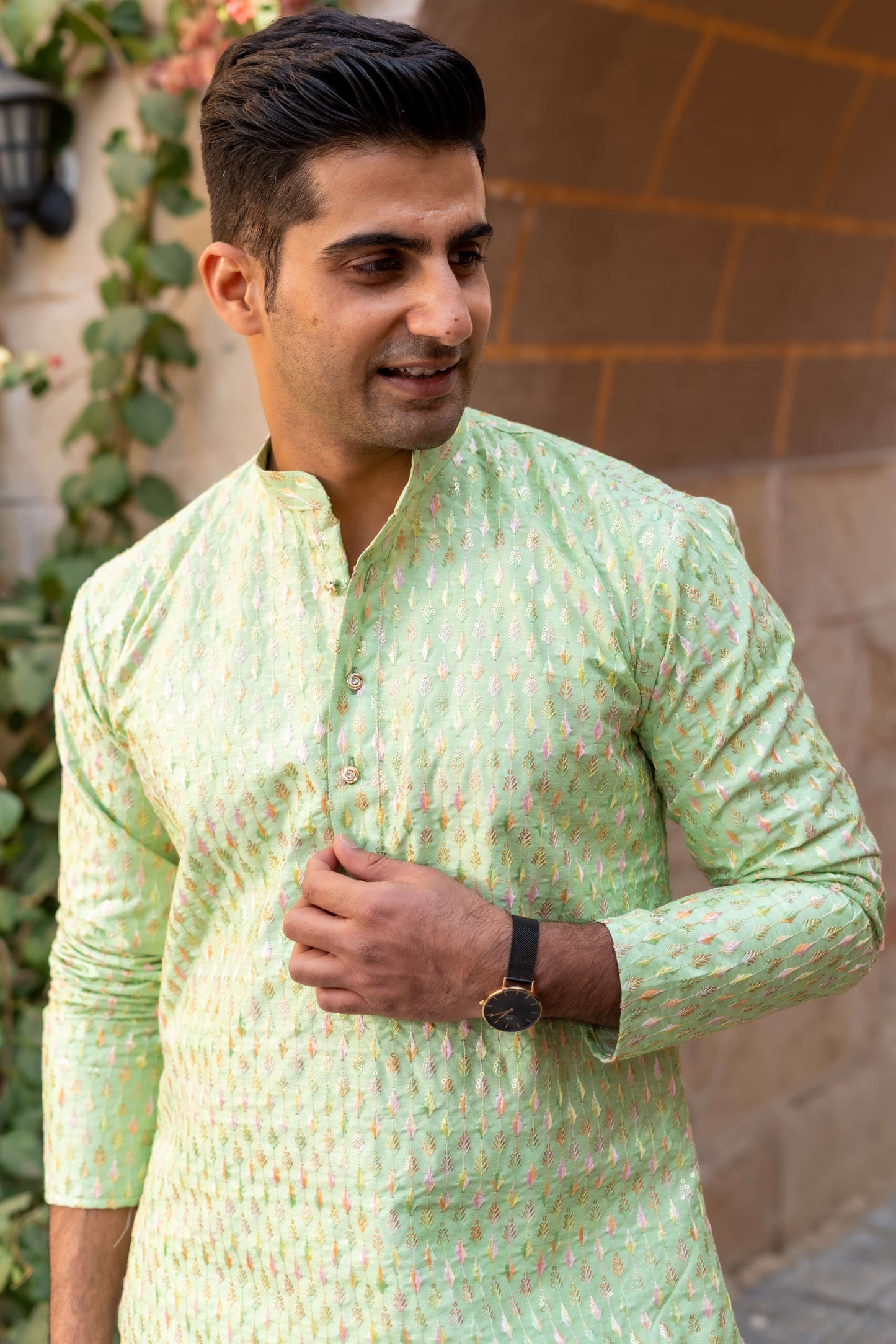 The Pista Green Long Kurta With Multicolour Embroidery and Sequins Work