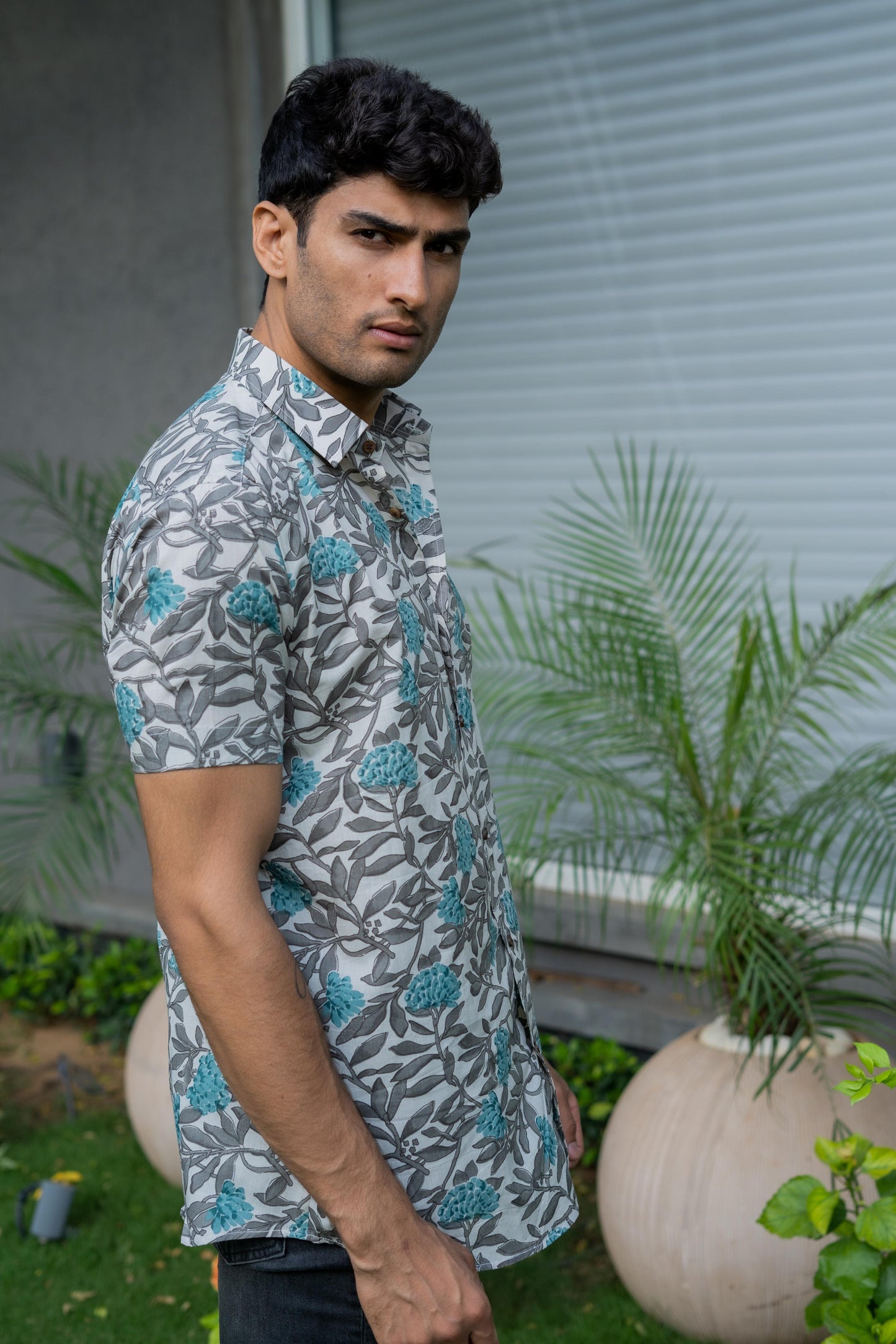 The Off-White Shirt With Grey And Turquoise Floral Print (Half Sleeves)