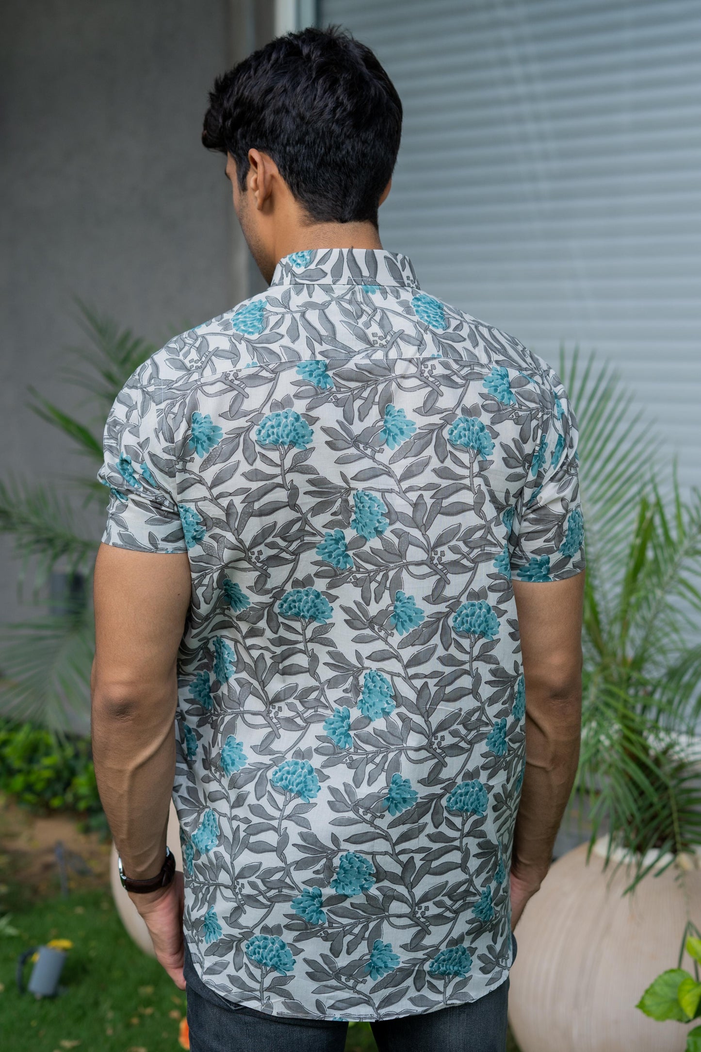 The Off-White Shirt With Grey And Turquoise Floral Print (Half Sleeves)