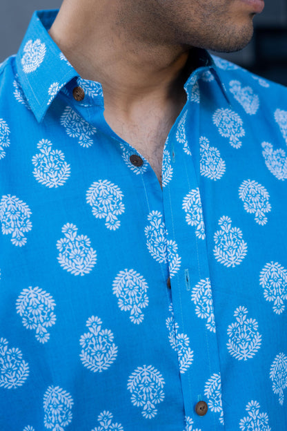 sky blue shirt with floral print