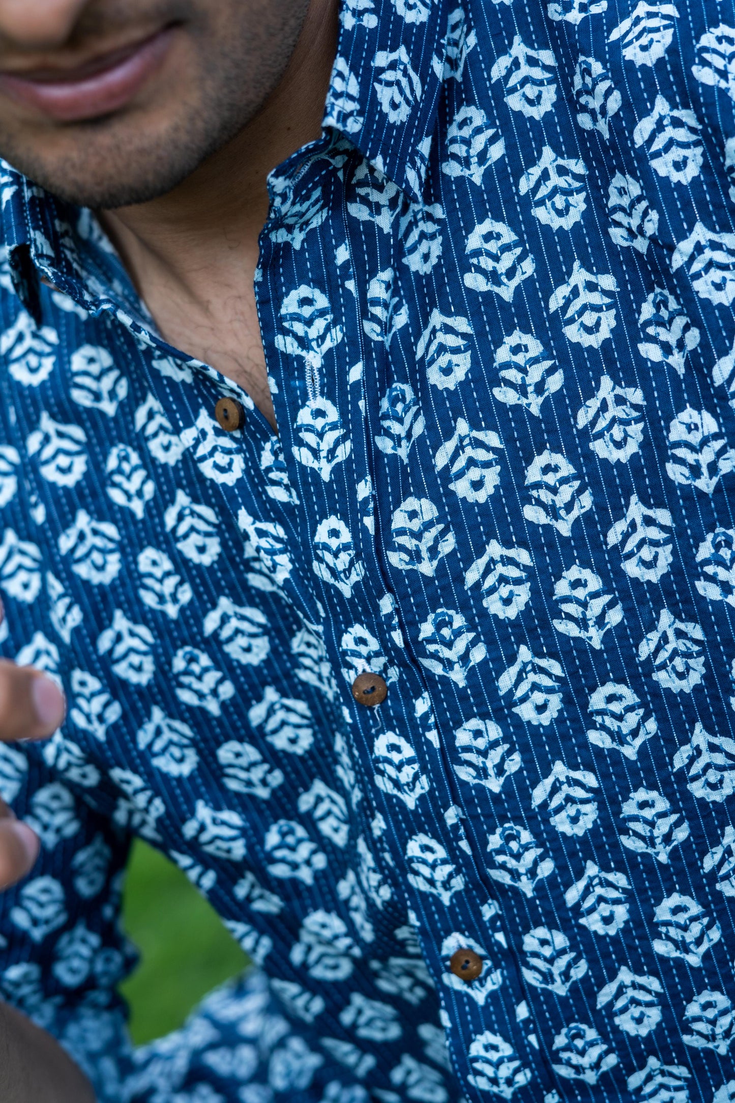 The Navy Blue Kantha Work Shirt With White Butti Print