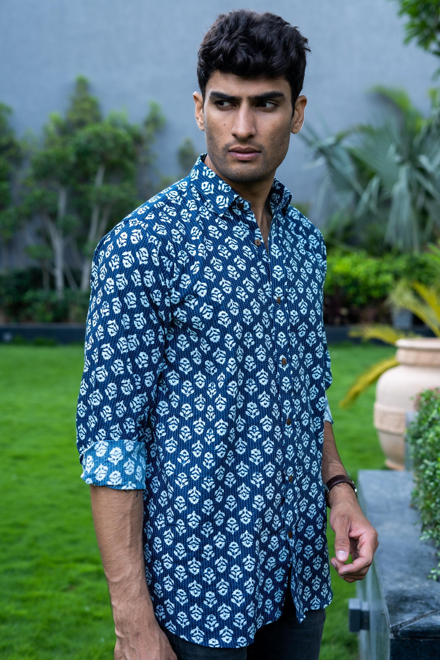 The Navy Blue Kantha Work Shirt With White Butti Print