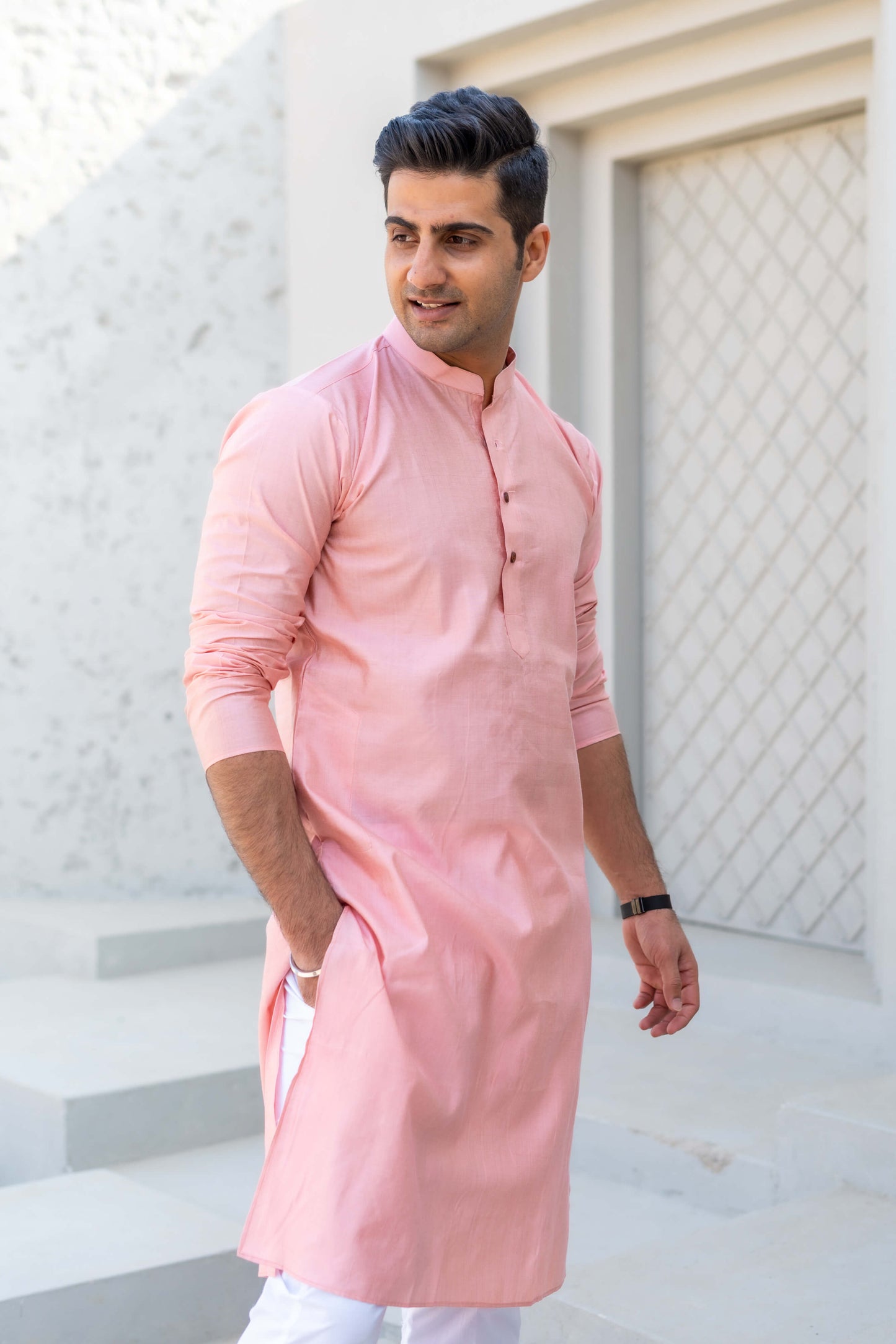 pink long kurta for men