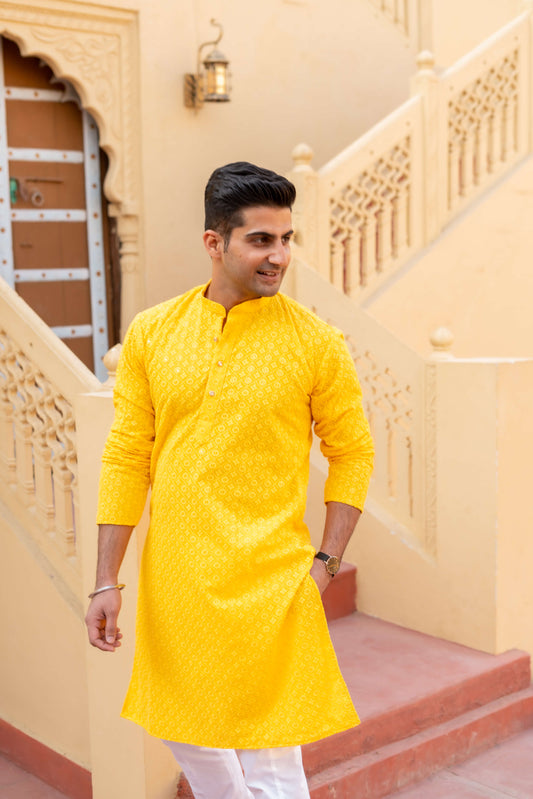 yellow chikankari kurta for men