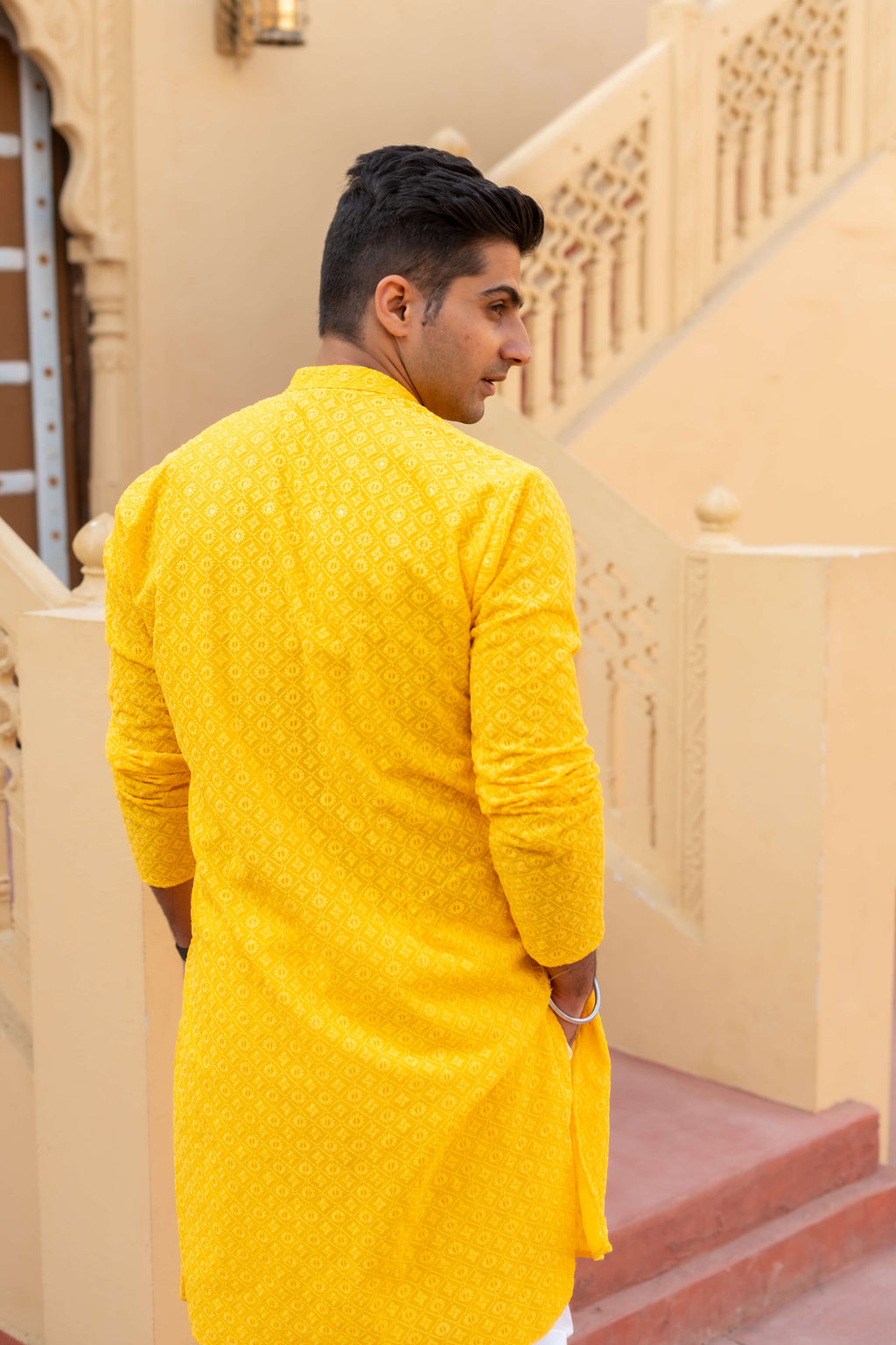 The Bright Yellow Chikan Kari Work Long Kurta