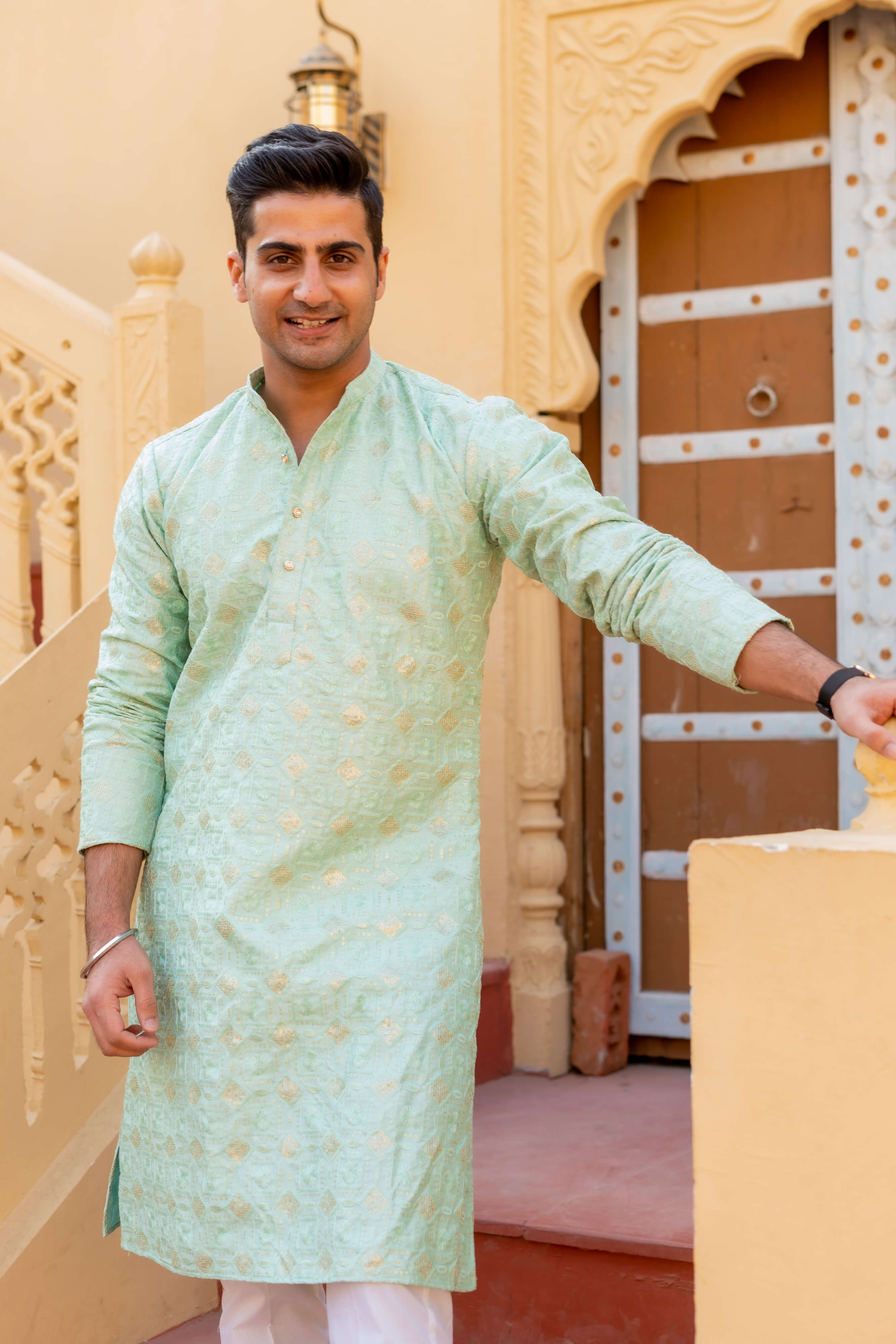 sea green color long kurta for men