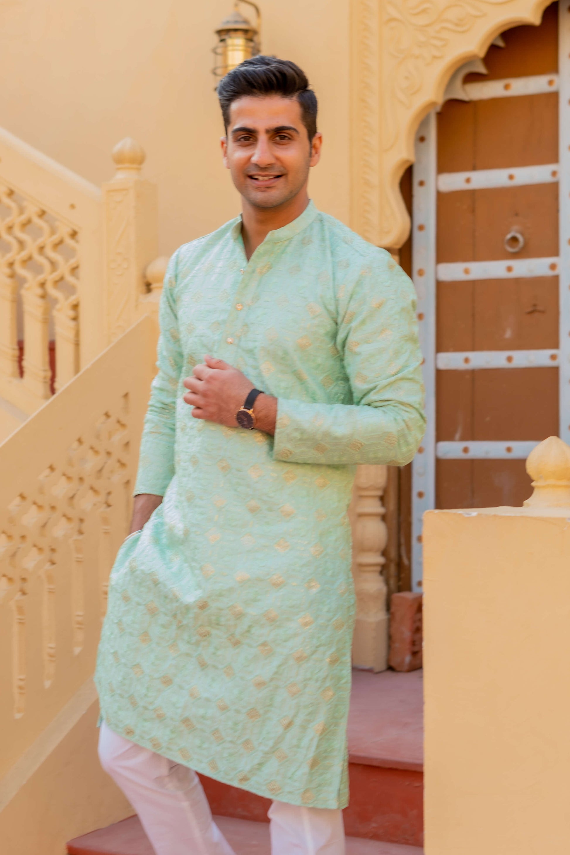 Sea green long kurta for men with embroidery and sequins work.