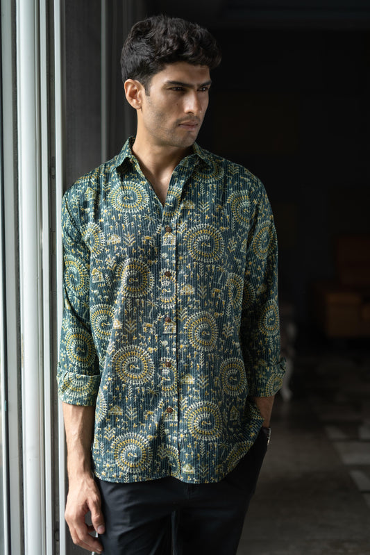 Green Kantha Work Shirt For Men