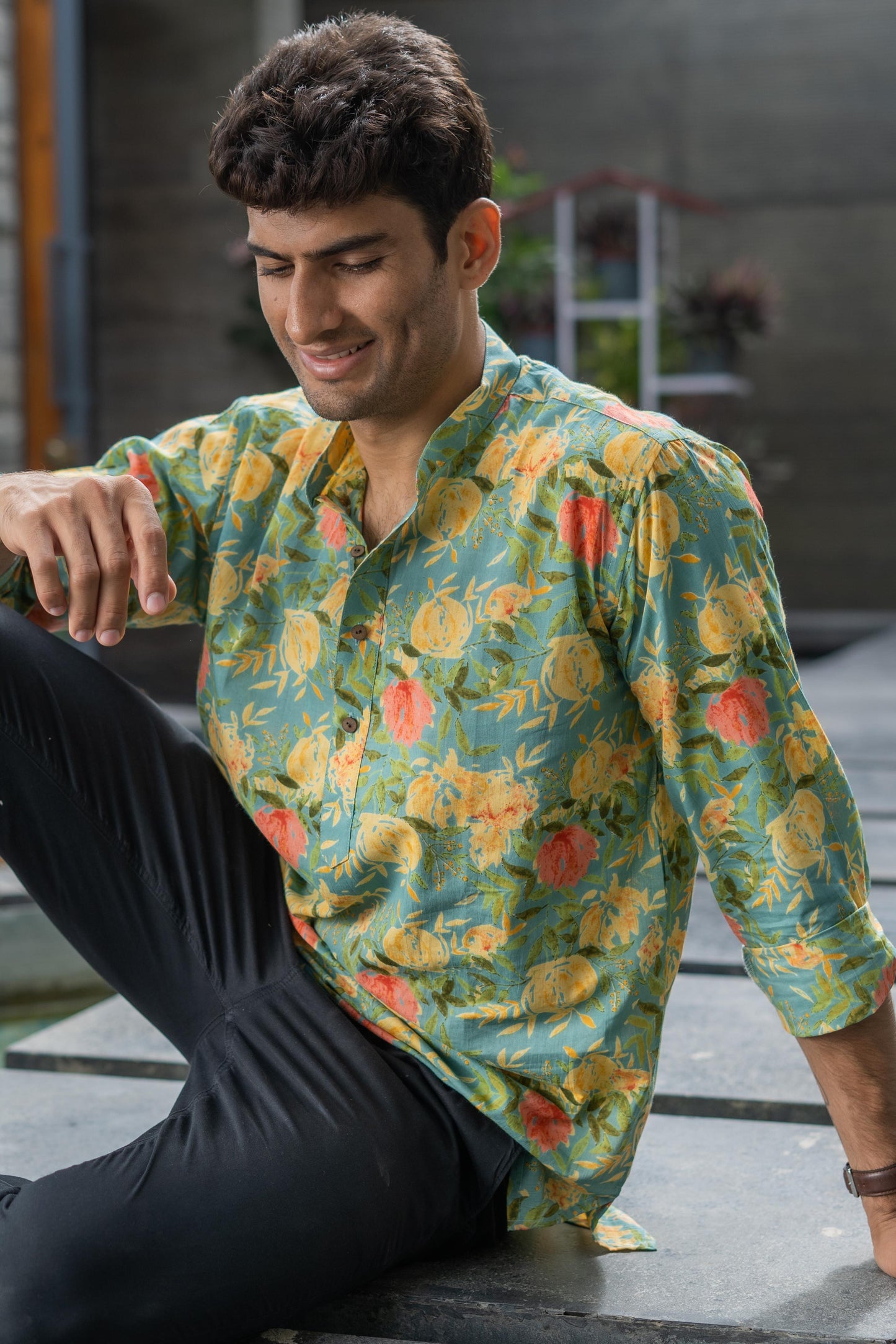 The Funky Green And Yellow All-Over Floral Print Short Kurta