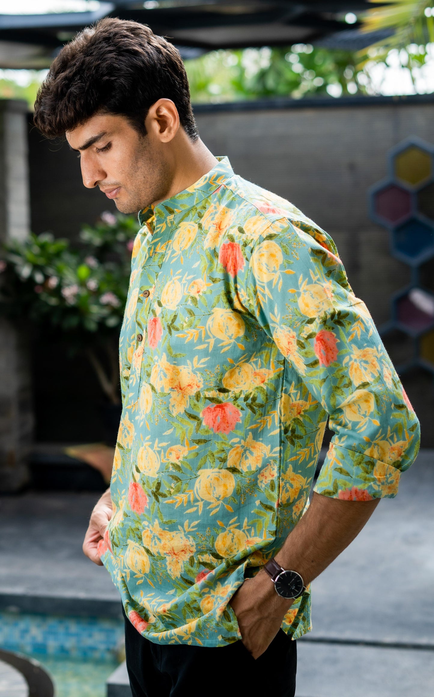 The Funky Green And Yellow All-Over Floral Print Short Kurta