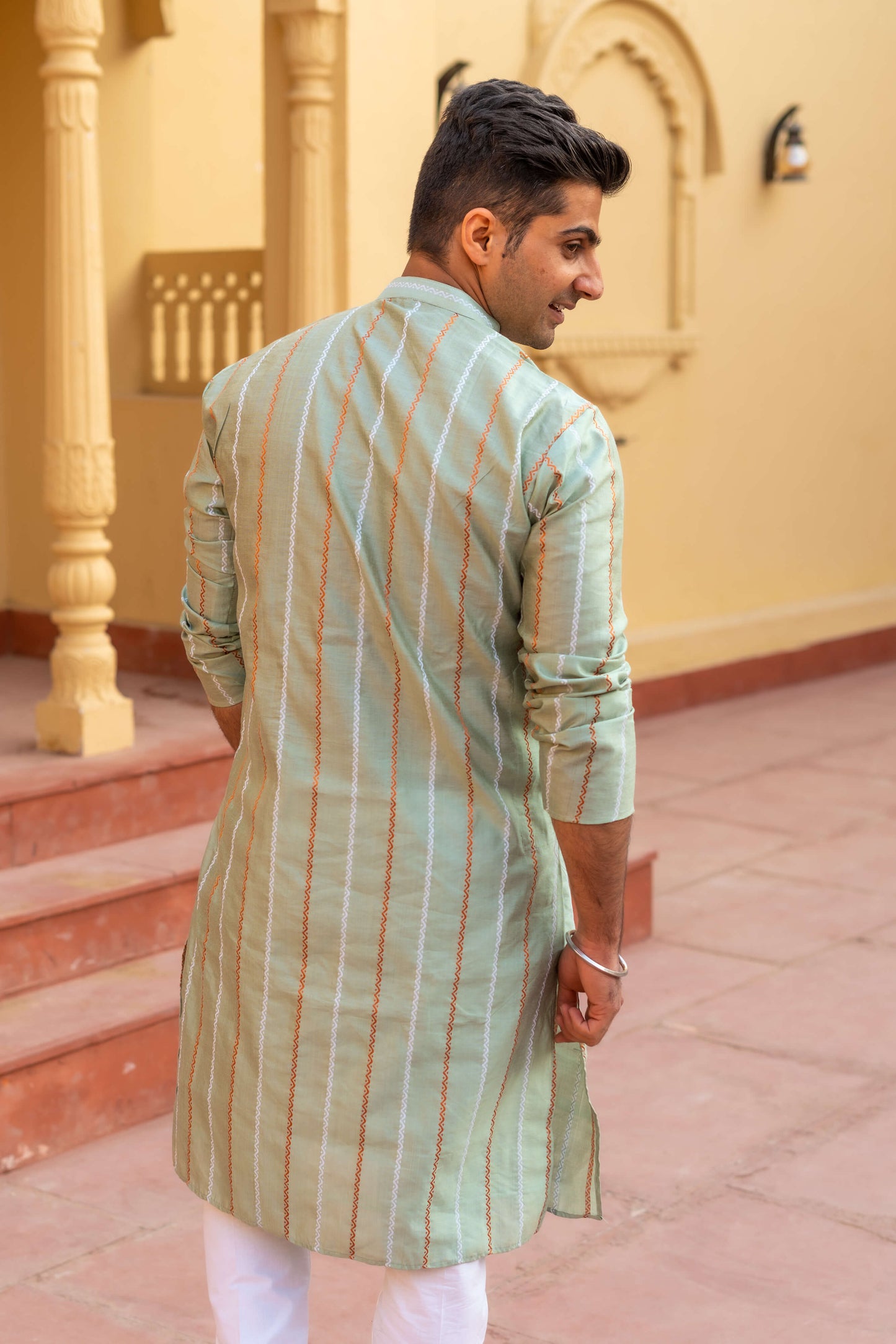 The Sea Green Long Kurta With Embroidered Stripe Design