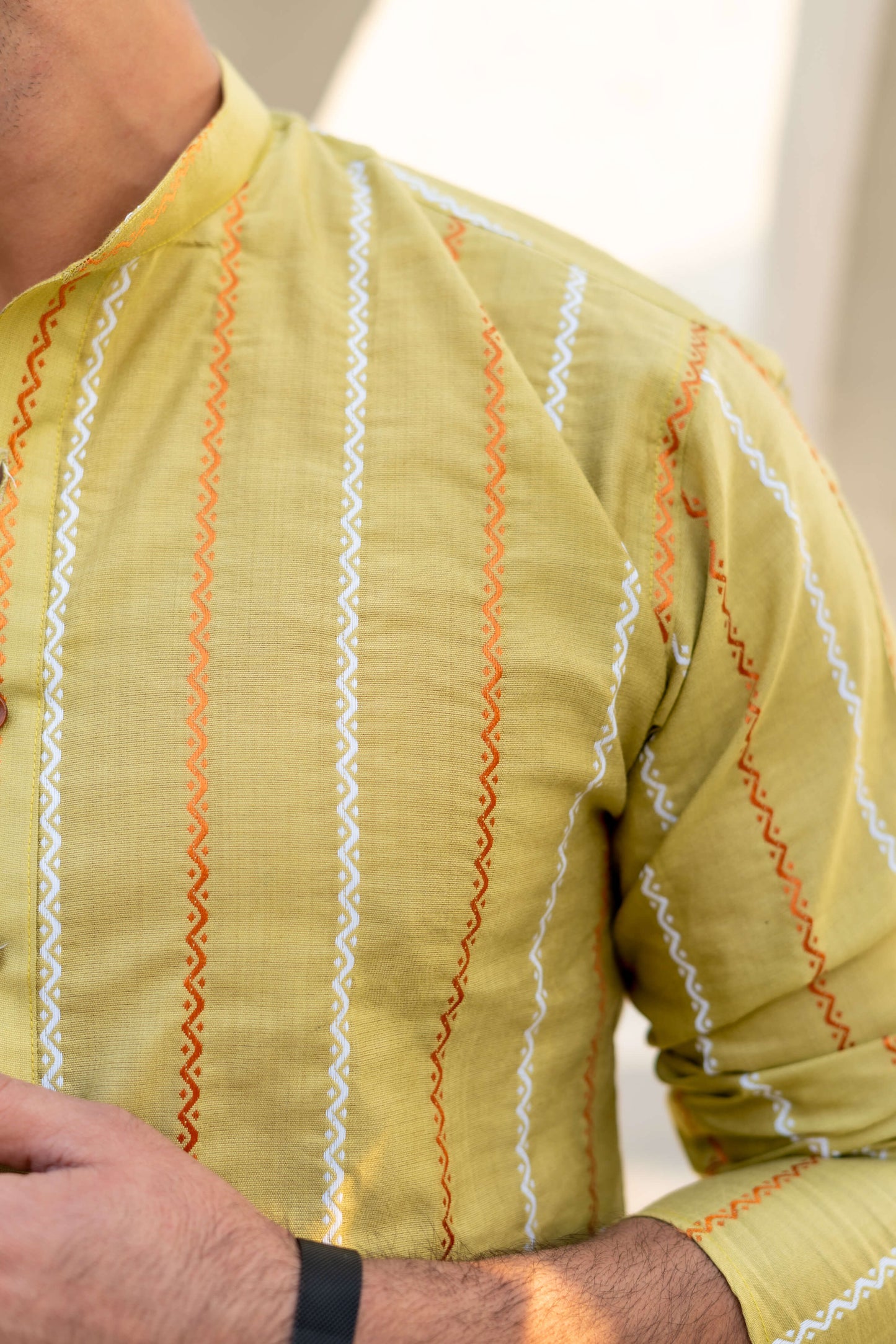 The Mehendi Green Short Kurta With Embroidered Stripe Design