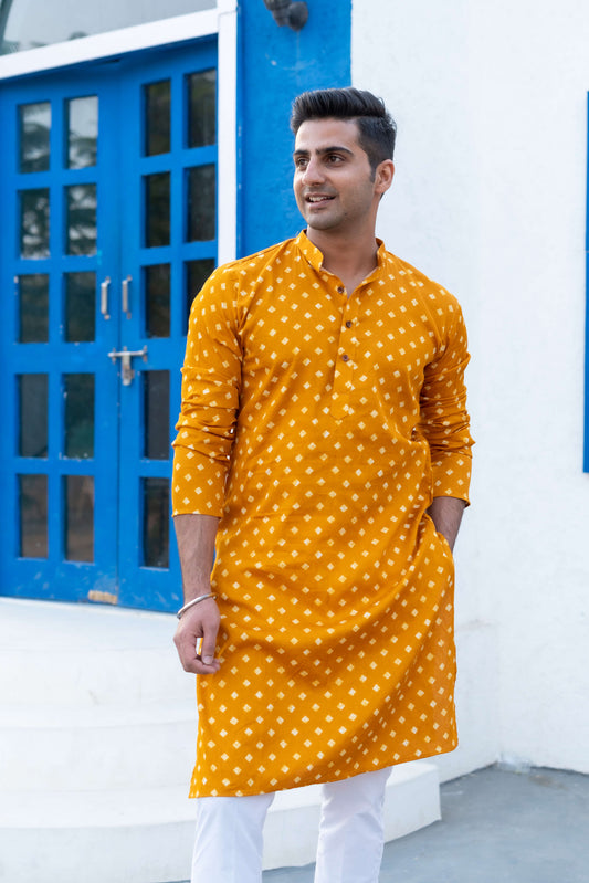 The Deep Yellow Long Kurta With Square All-Over Print