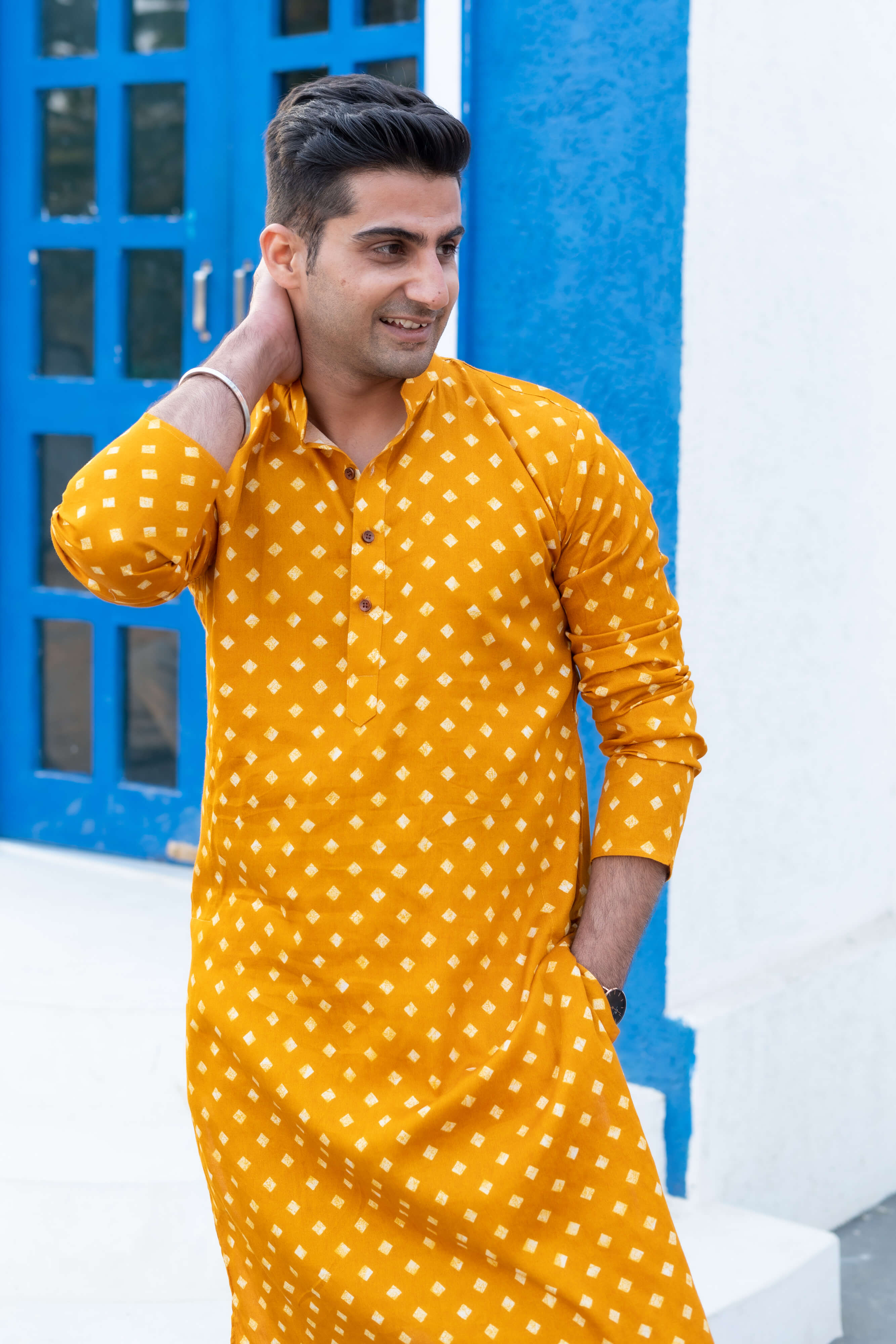 The Deep Yellow Long Kurta With Square All-Over Print