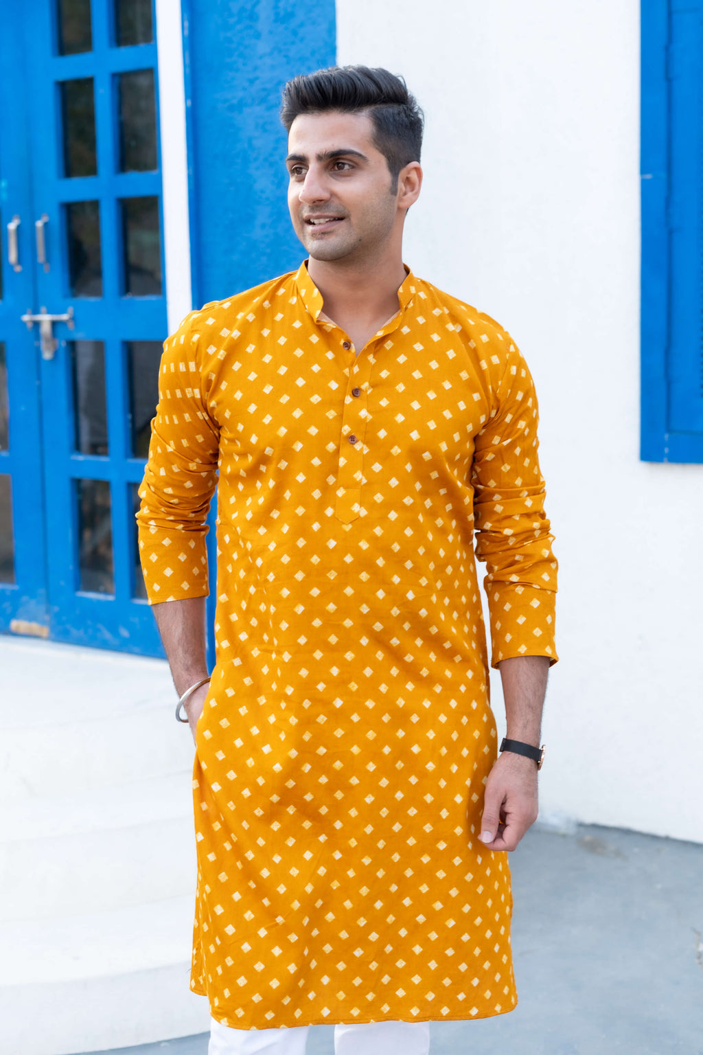 The Deep Yellow Long Kurta With Square All-Over Print