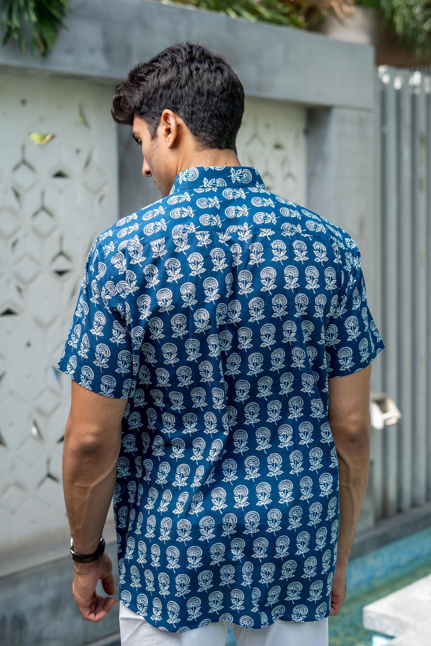 The Agean Blue Shirt With Flower Print (Half Sleeves)