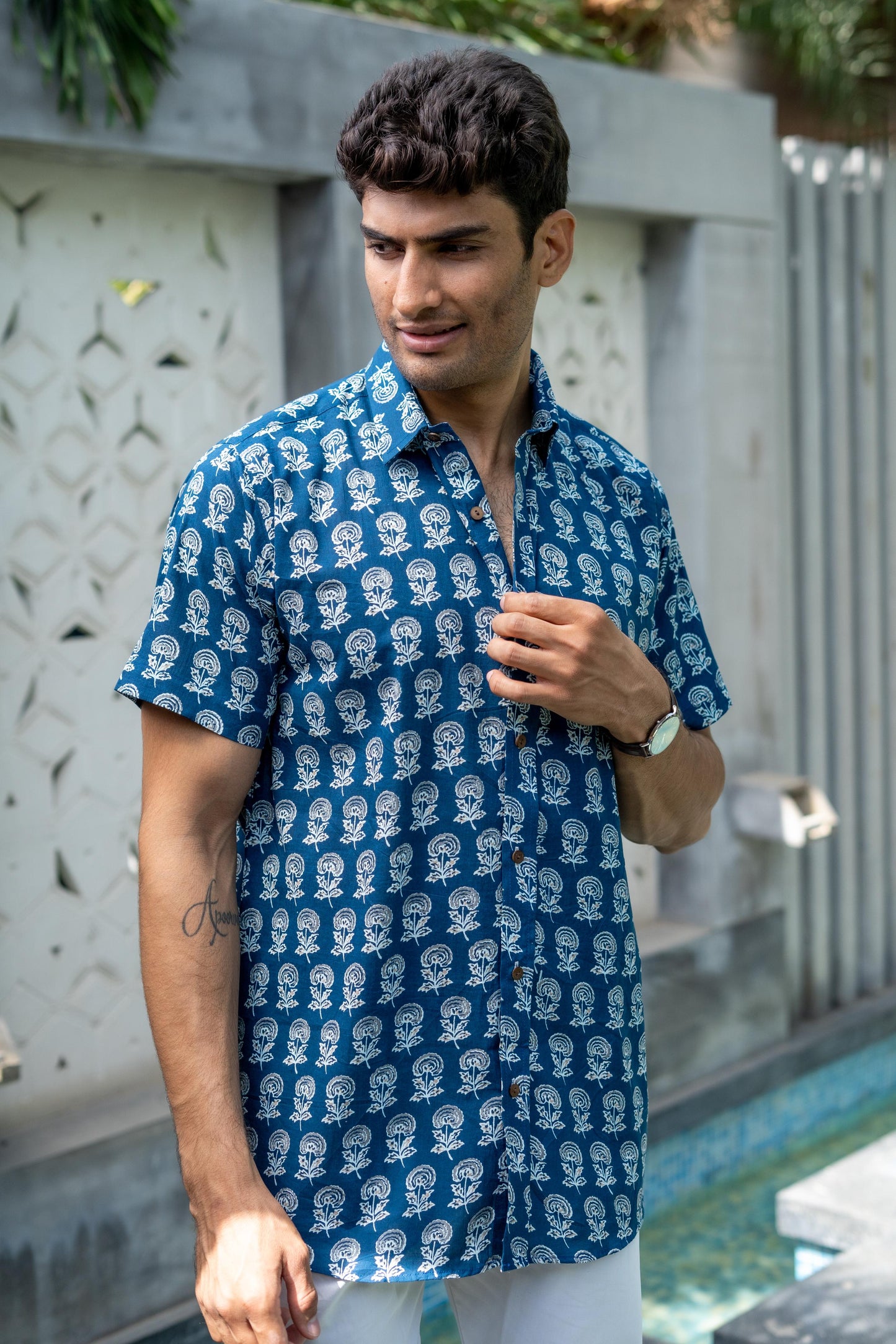 The Agean Blue Shirt With Flower Print (Half Sleeves)