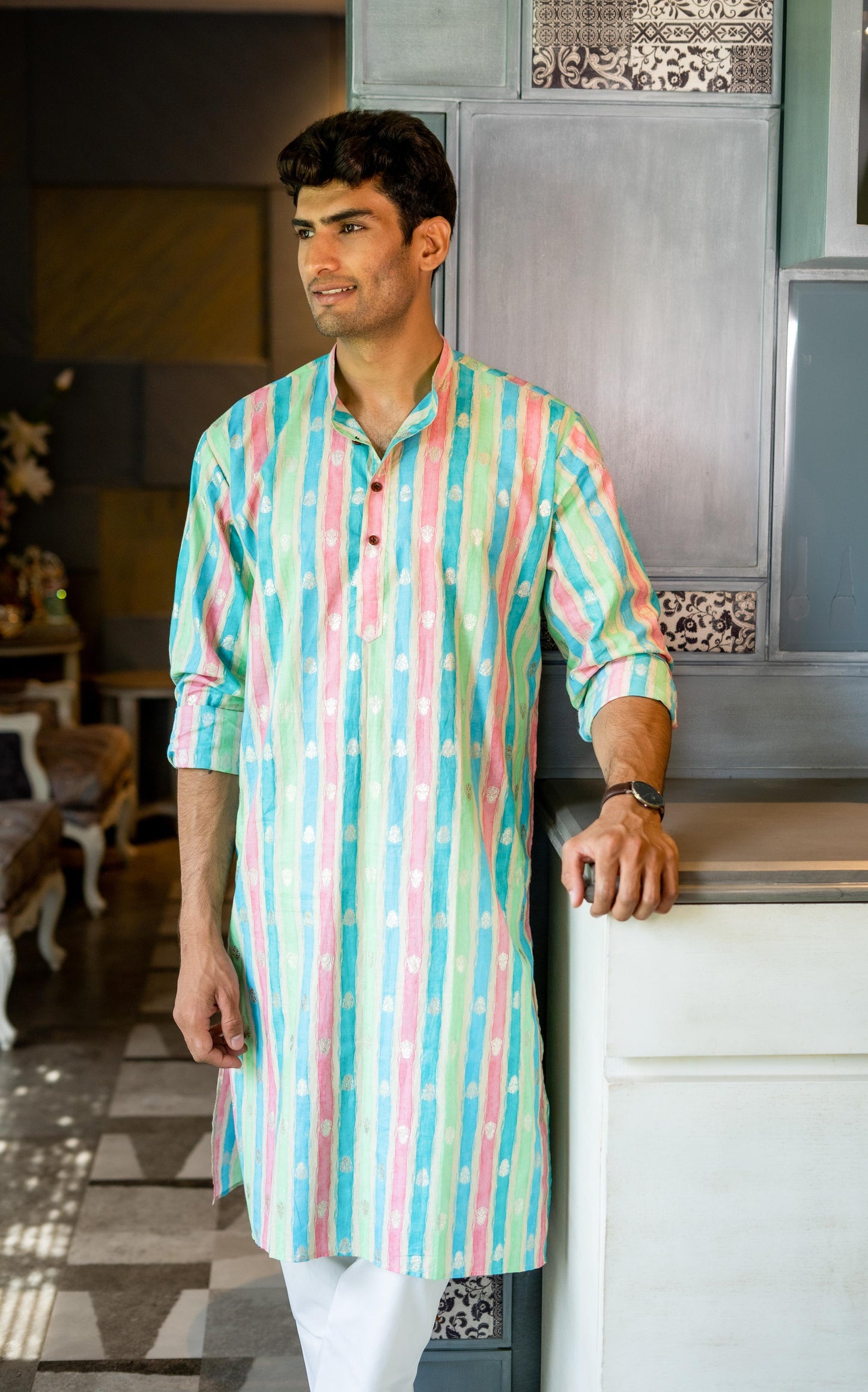 The Pastel Rainbow Stripe Print Long Kurta With Foil Print