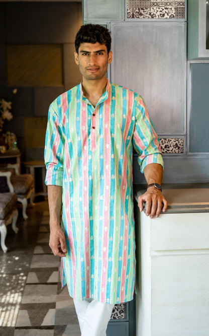 The Pastel Rainbow Stripe Print Long Kurta With Foil Print
