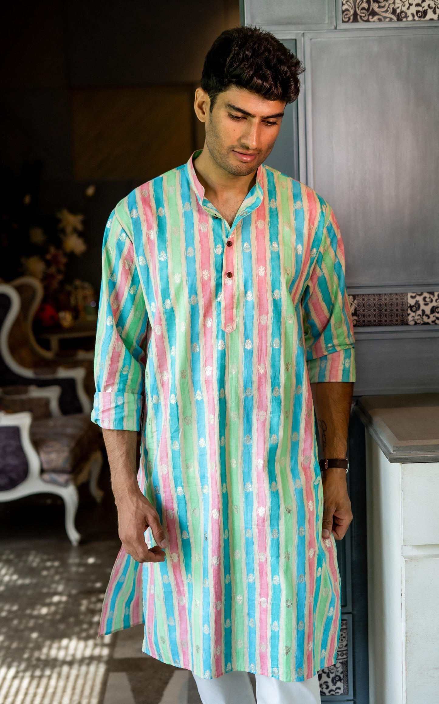 The Pastel Rainbow Stripe Print Long Kurta With Foil Print