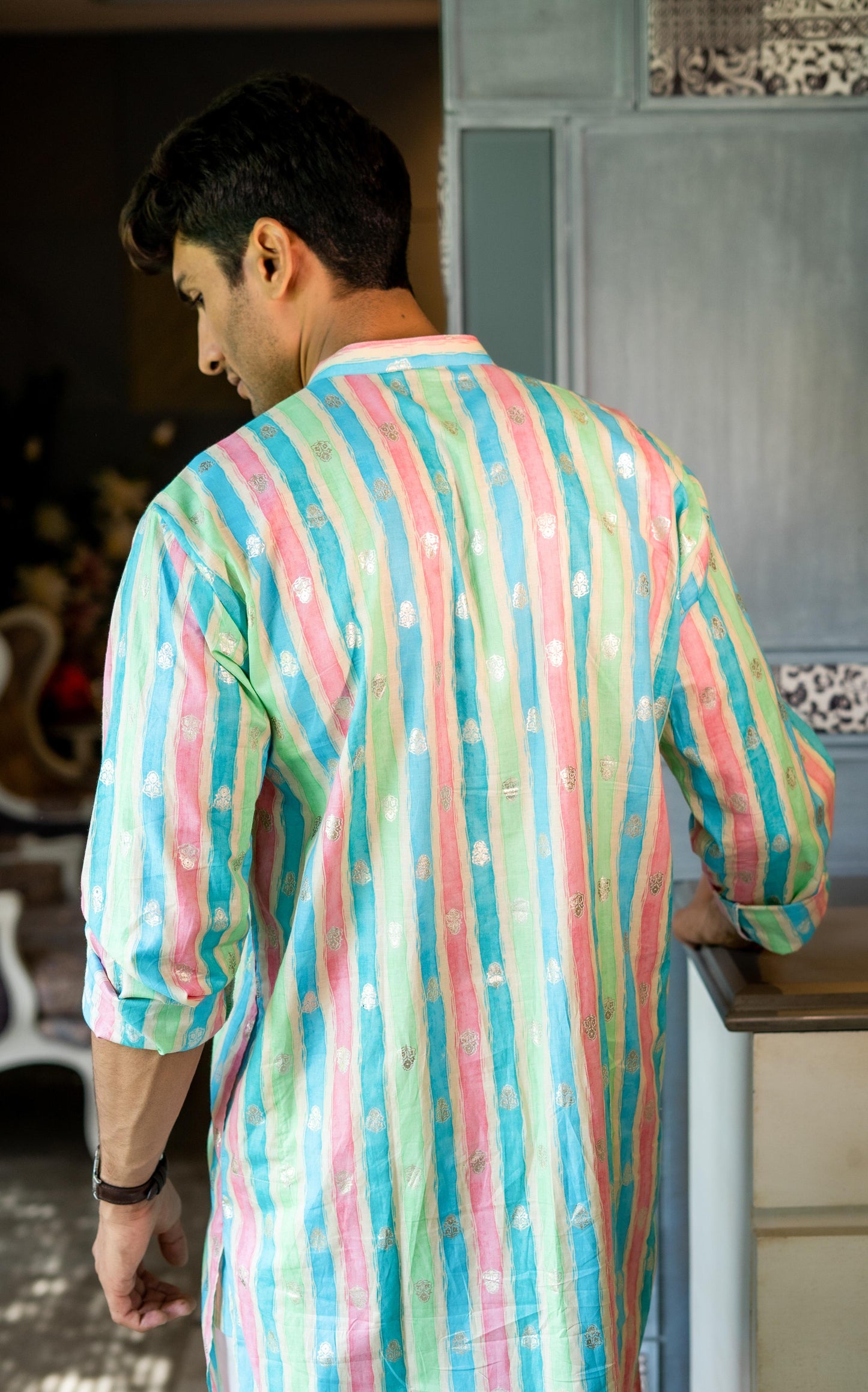 The Pastel Rainbow Stripe Print Long Kurta With Foil Print