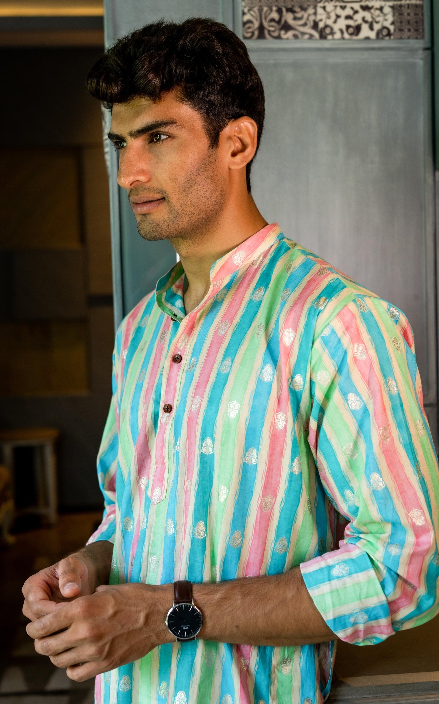 The Pastel Rainbow Stripe Print Long Kurta With Foil Print