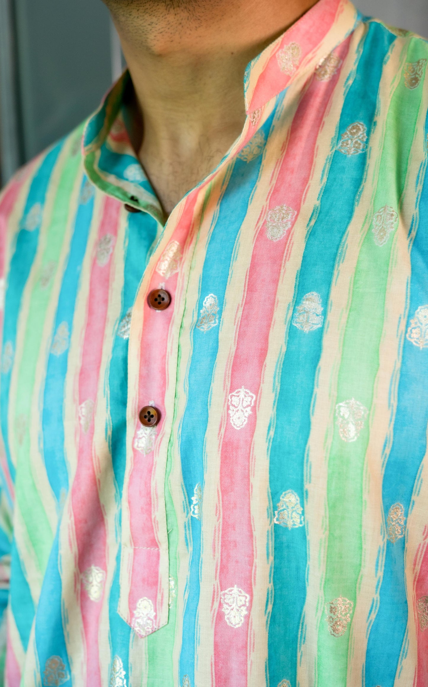 The Pastel Rainbow Stripe Print Long Kurta With Foil Print