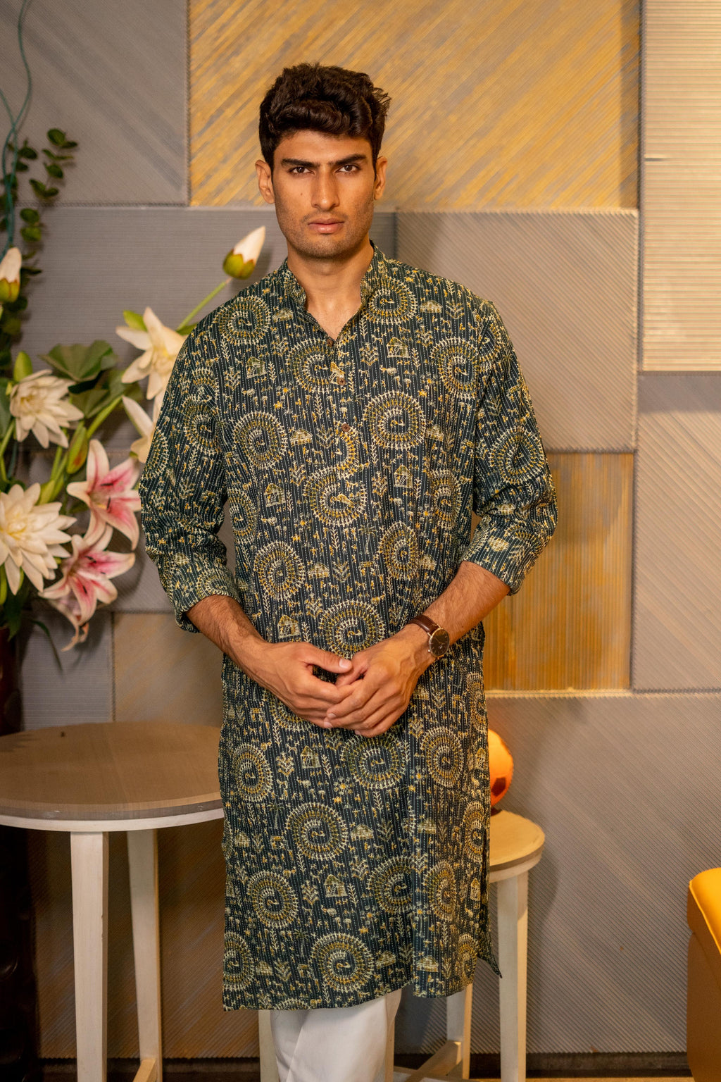 green kantha work long kurta for men