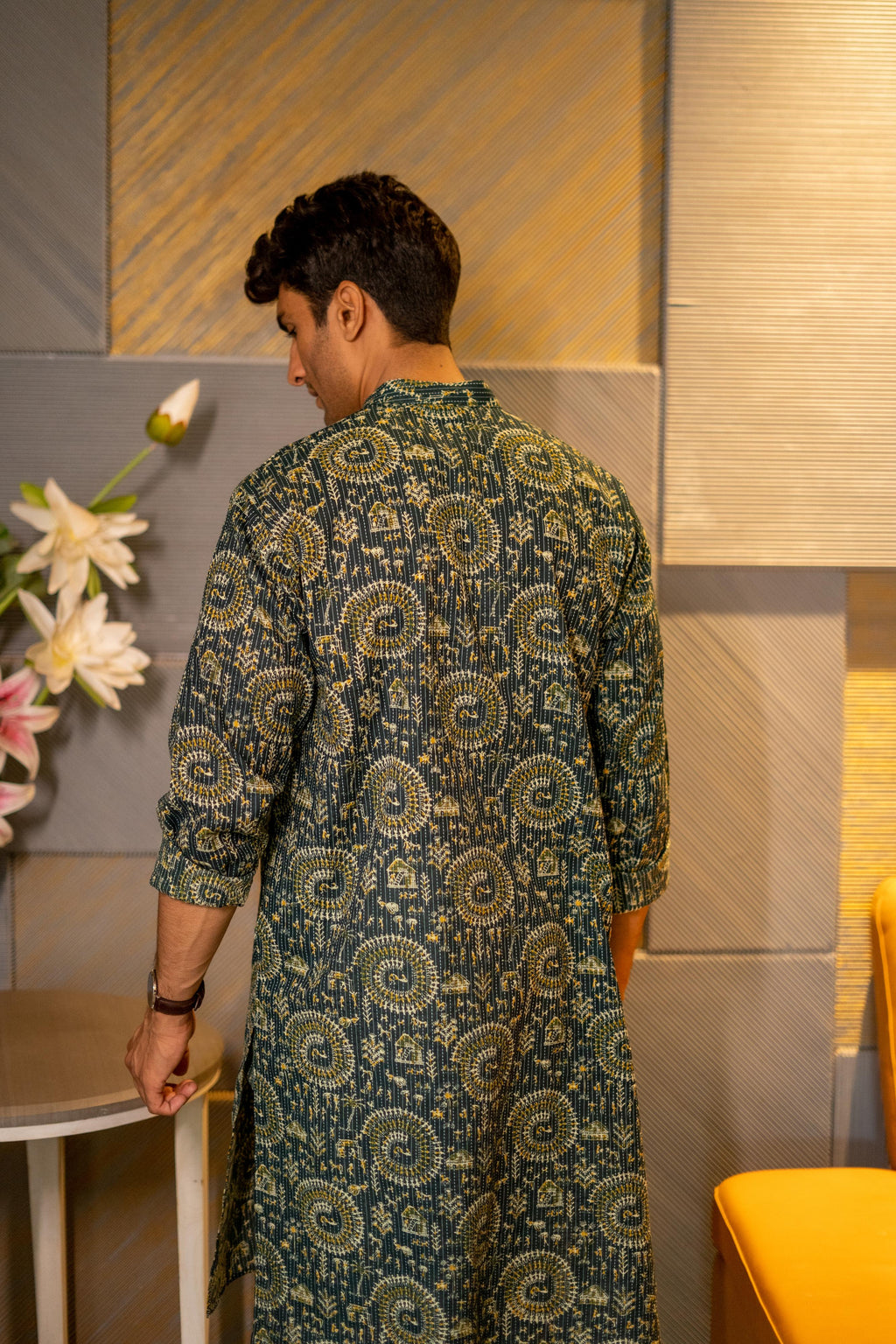 The Dark Green Kantha Work Long Kurta With Tribal Print