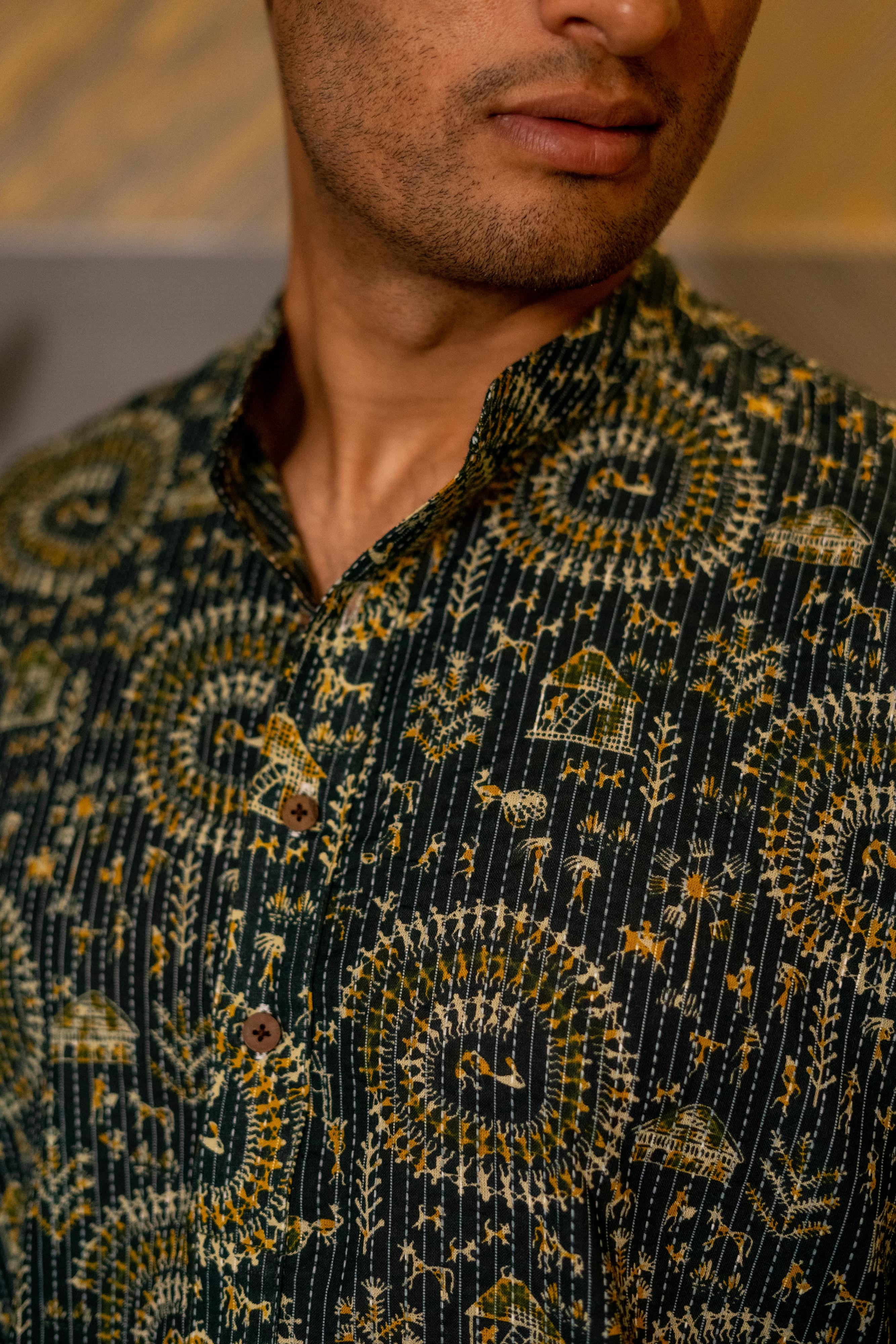 The Dark Green Kantha Work Long Kurta With Tribal Print