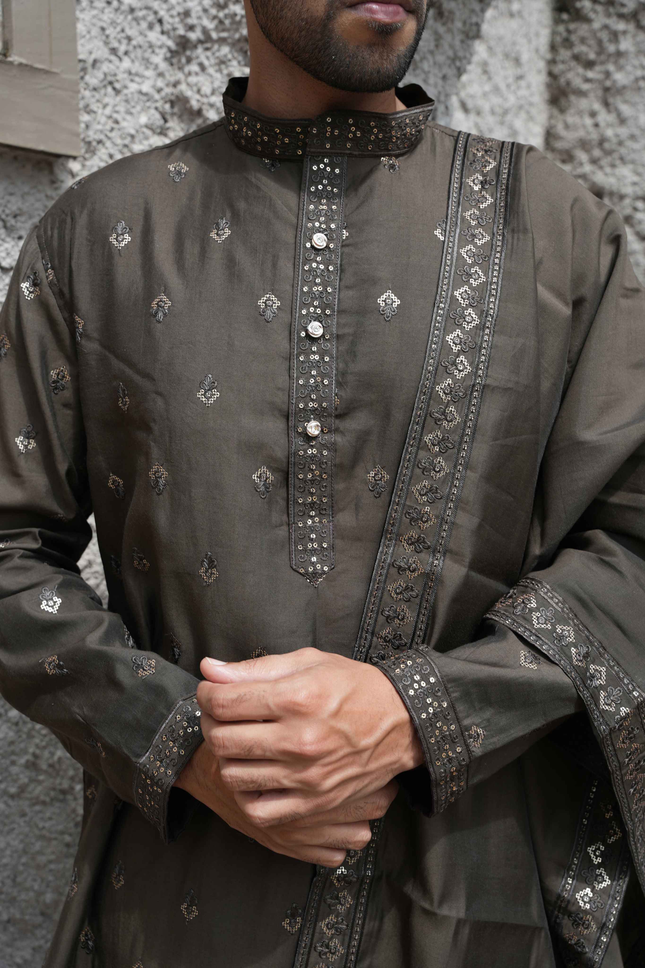 The Chocolate Brown Sequins Embroidered Long Kurta