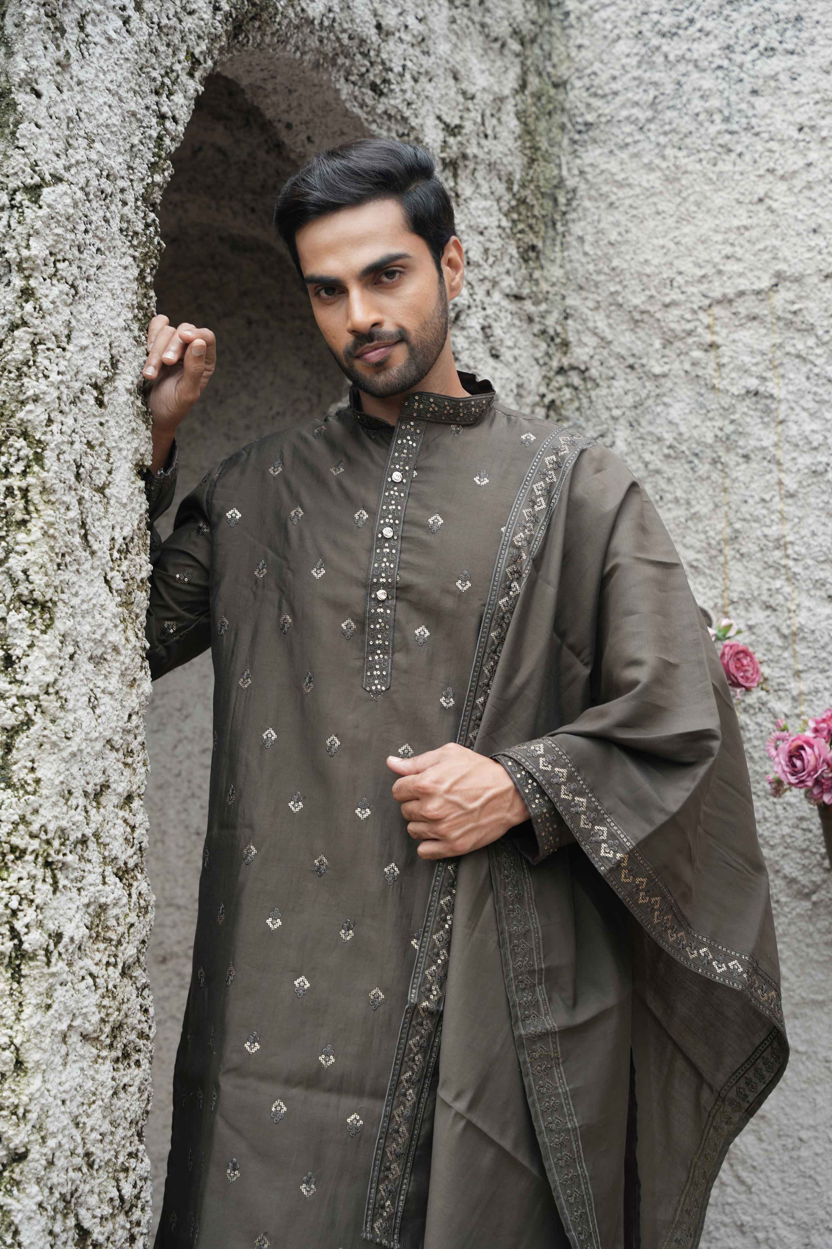 The Chocolate Brown Sequins Embroidered Long Kurta