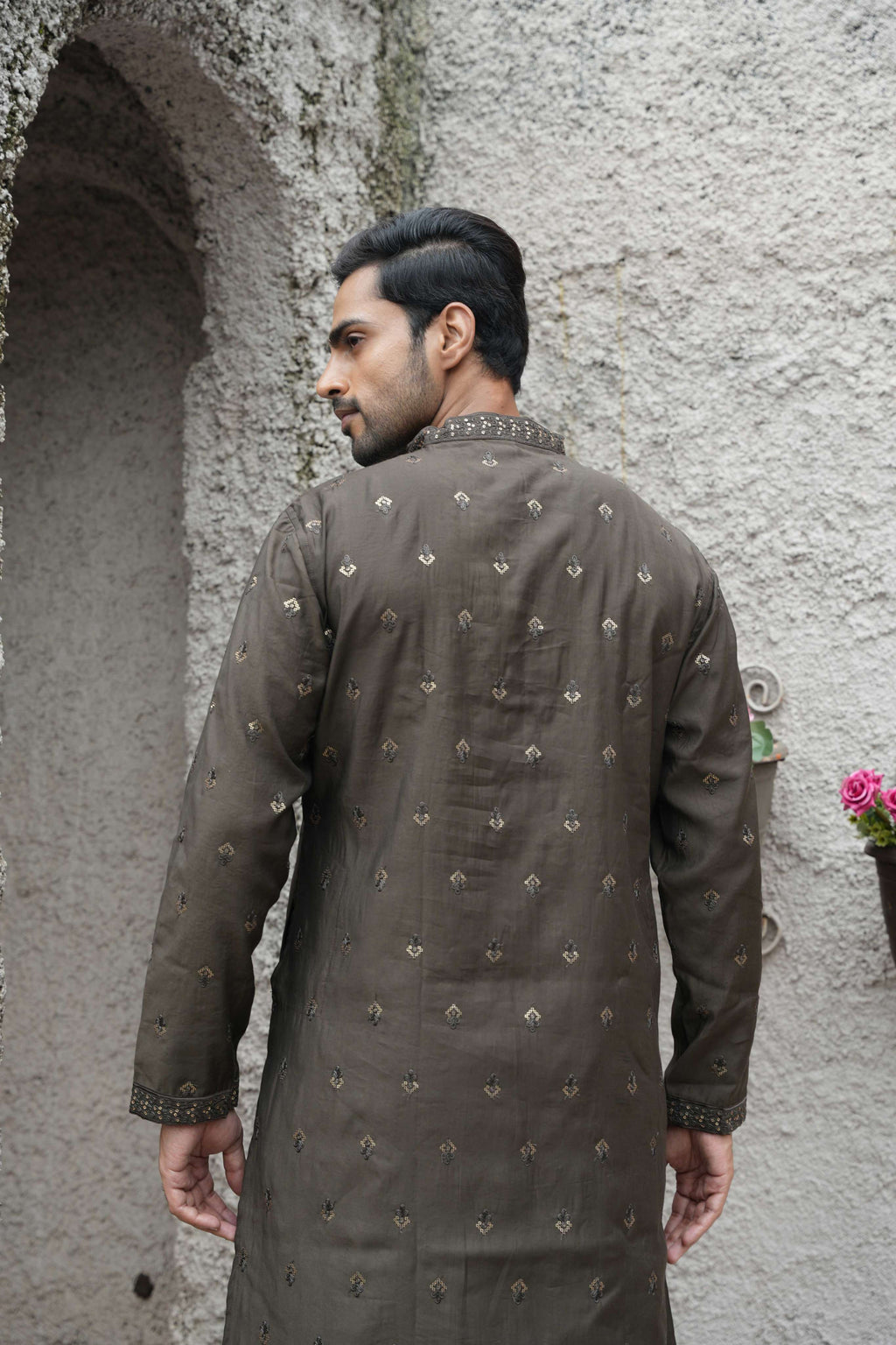 The Chocolate Brown Sequins Embroidered Long Kurta