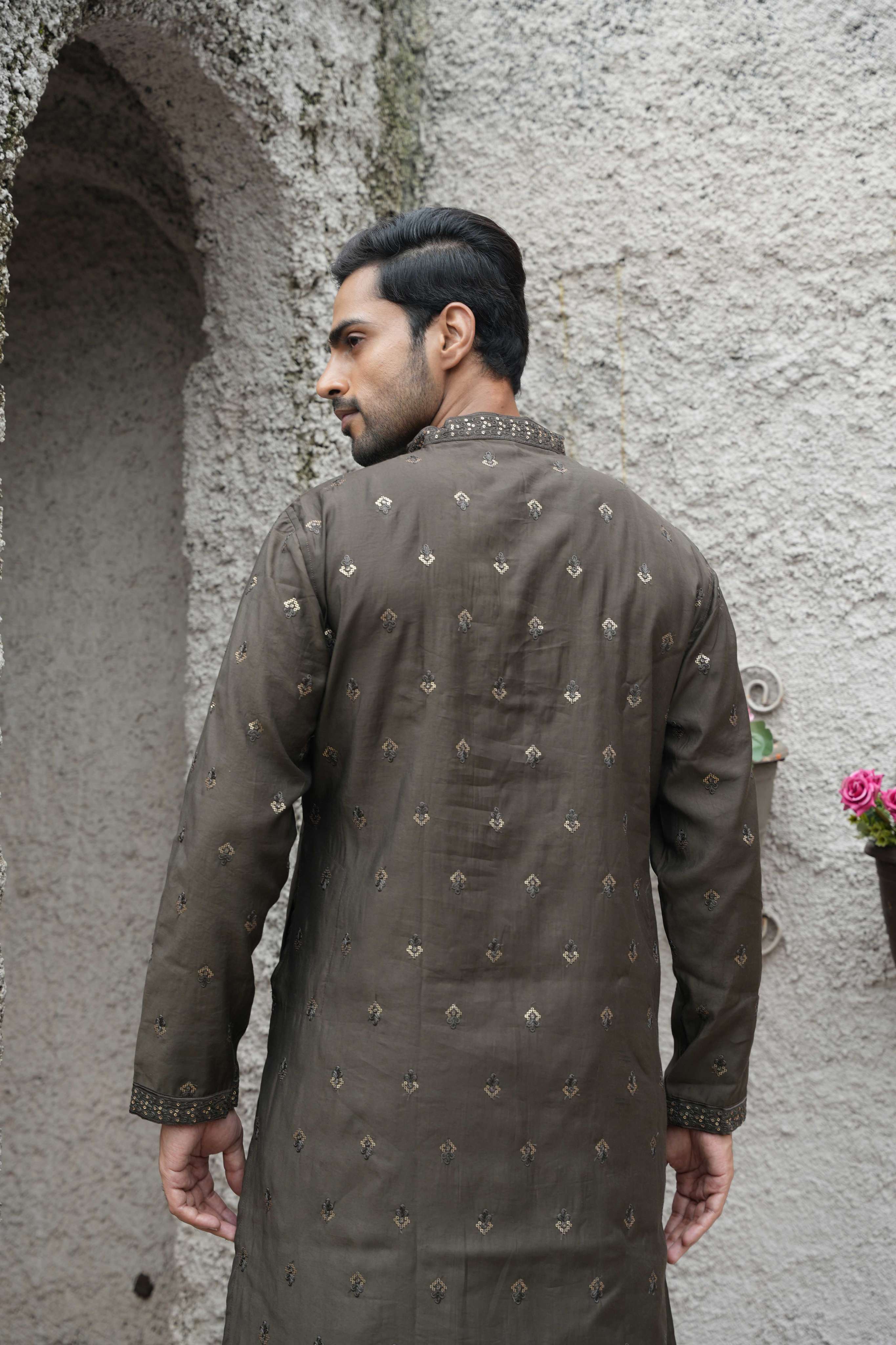 The Chocolate Brown Sequins Embroidered Long Kurta