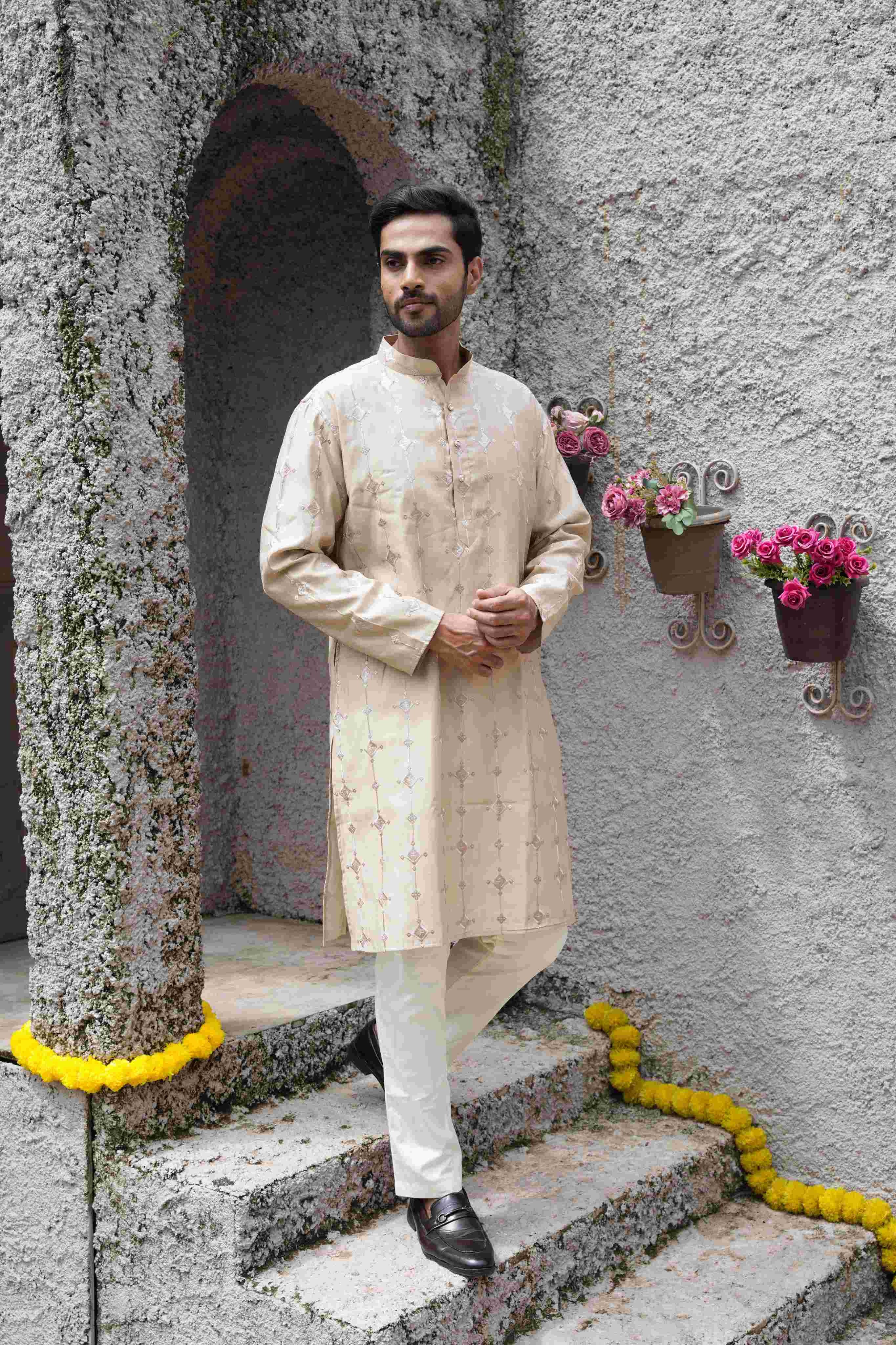 The Beige Diamond Embroidered Long Kurta