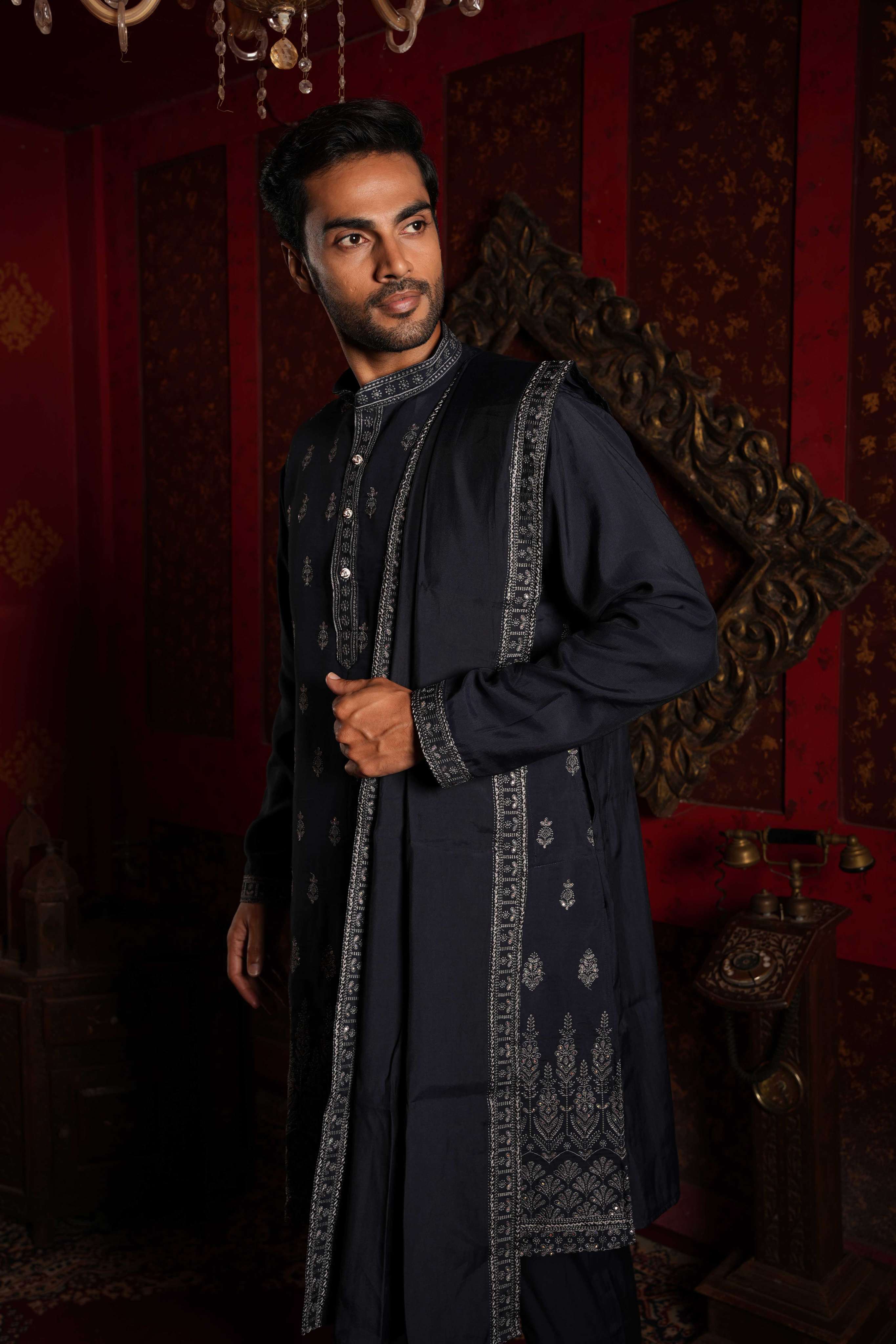 Navy Blue Vine Embroidery Kurta